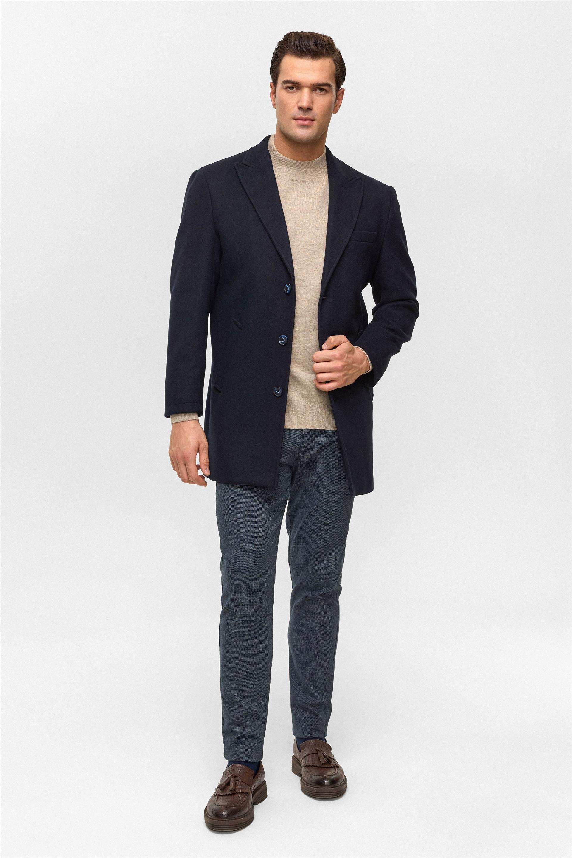 Lacivert Slim Düz Sivri Yaka Kaban