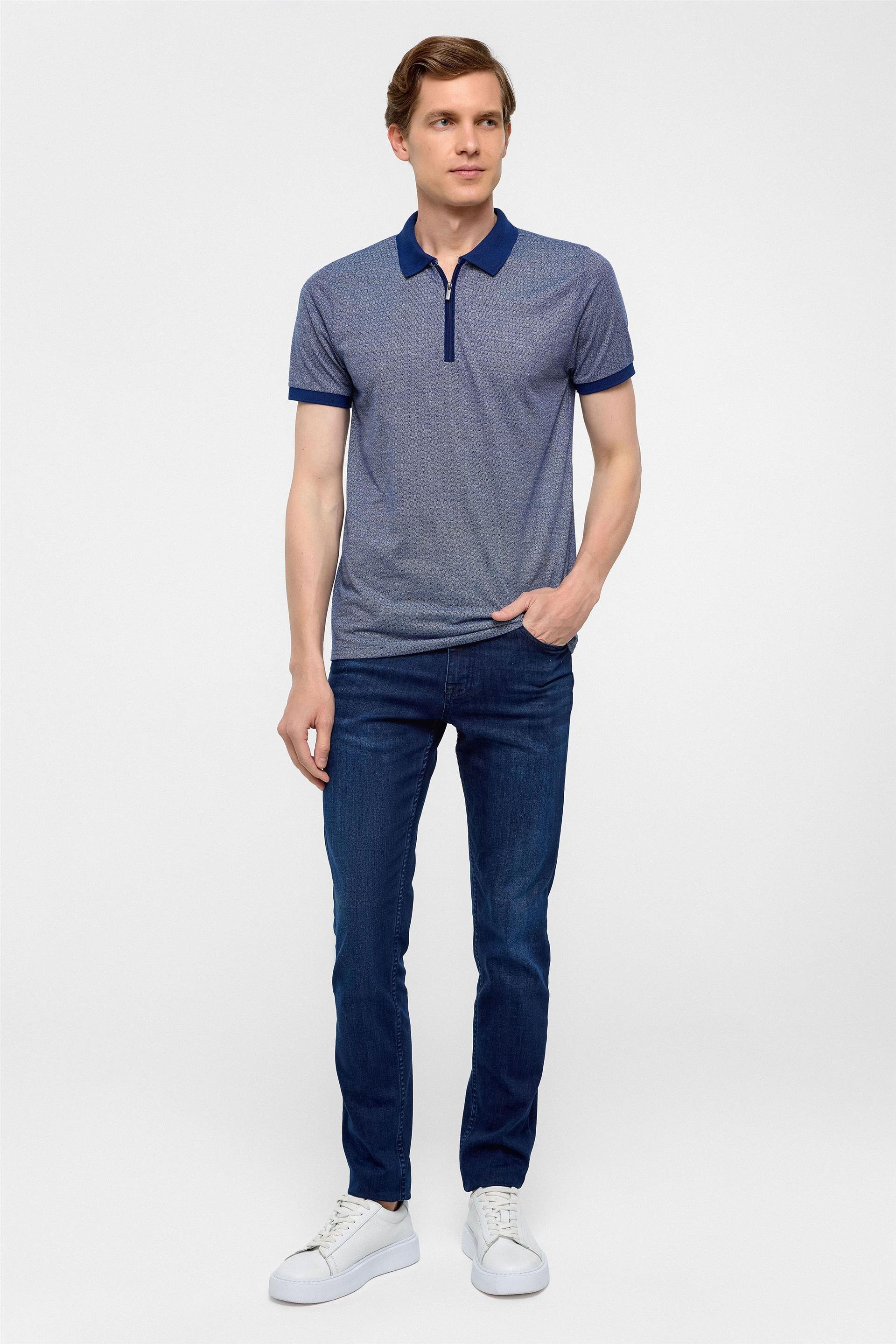 Lacivert Slim Fit Baskılı Polo Yaka Tişört