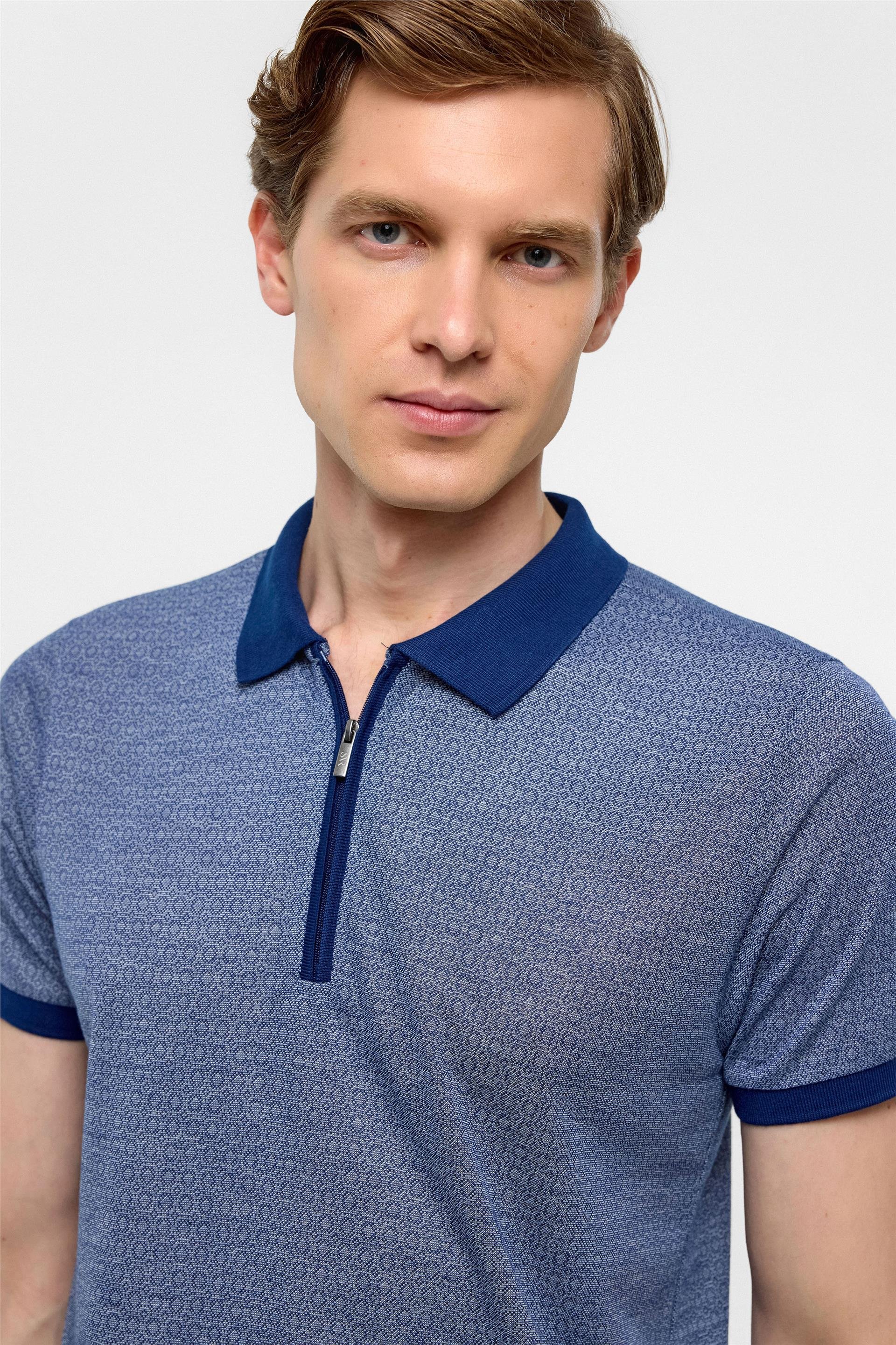 Lacivert Slim Fit Baskılı Polo Yaka Tişört