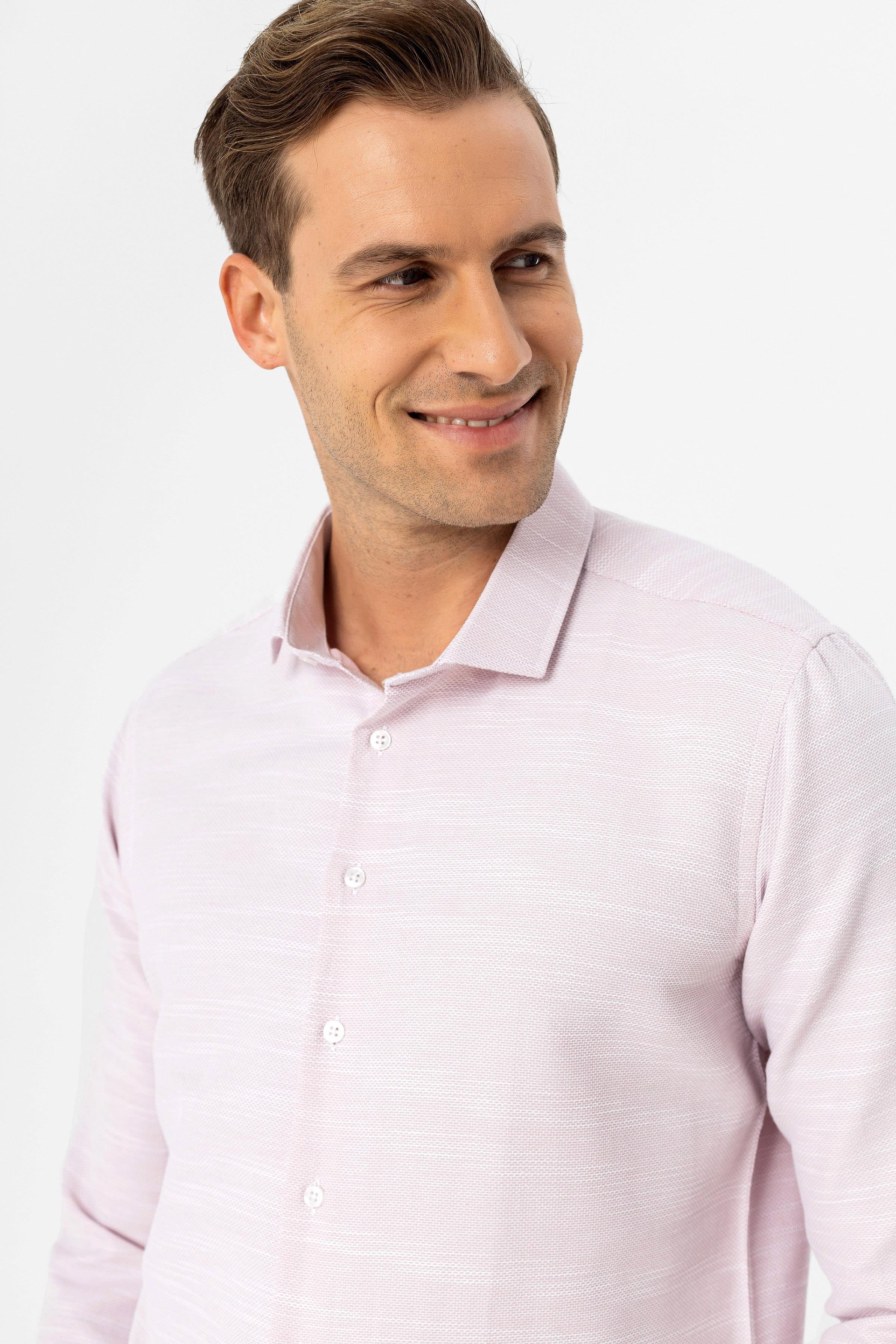 Pembe Slim Fit Armürlü Klasik Yaka Gömlek