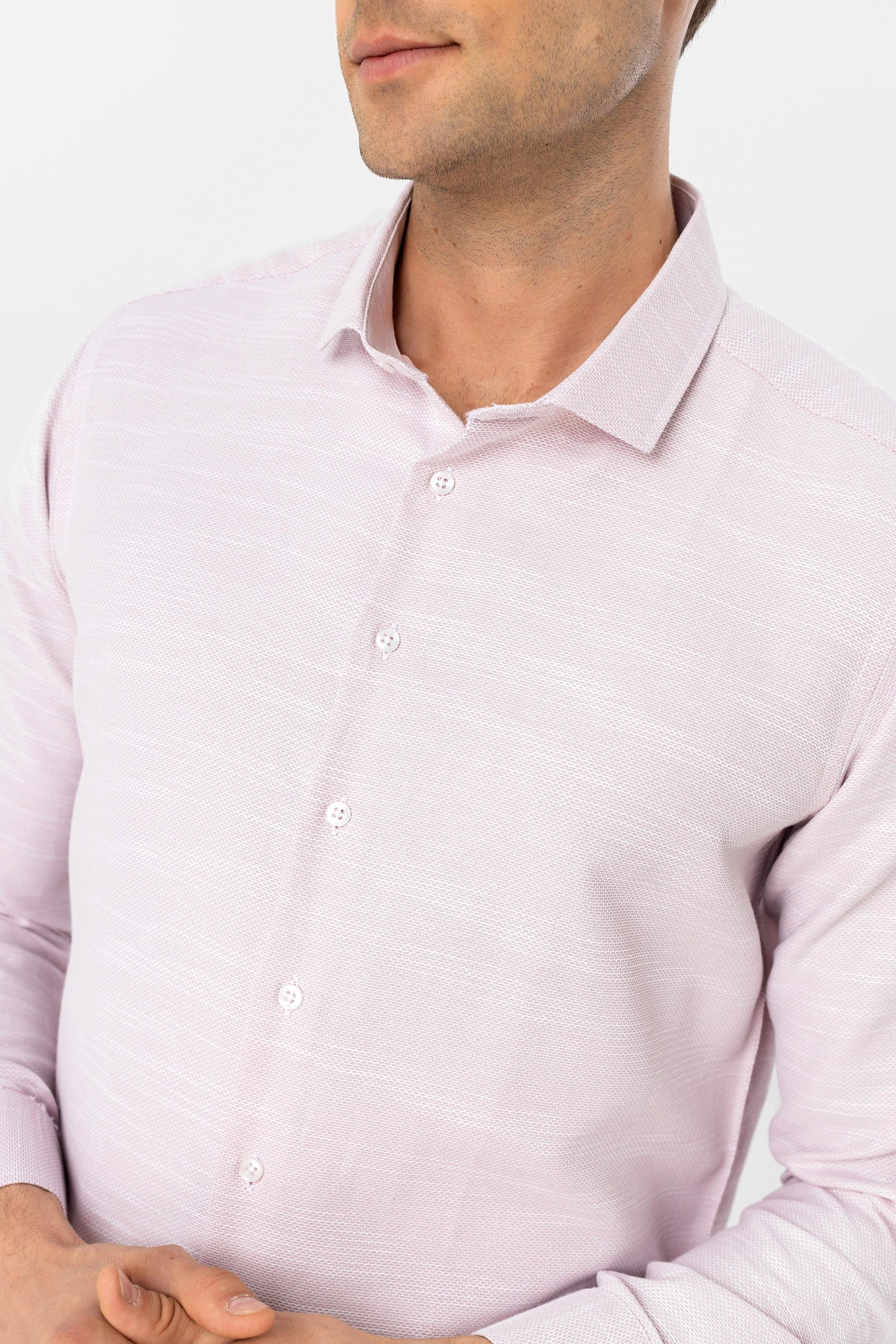 Pembe Slim Fit Armürlü Klasik Yaka Gömlek