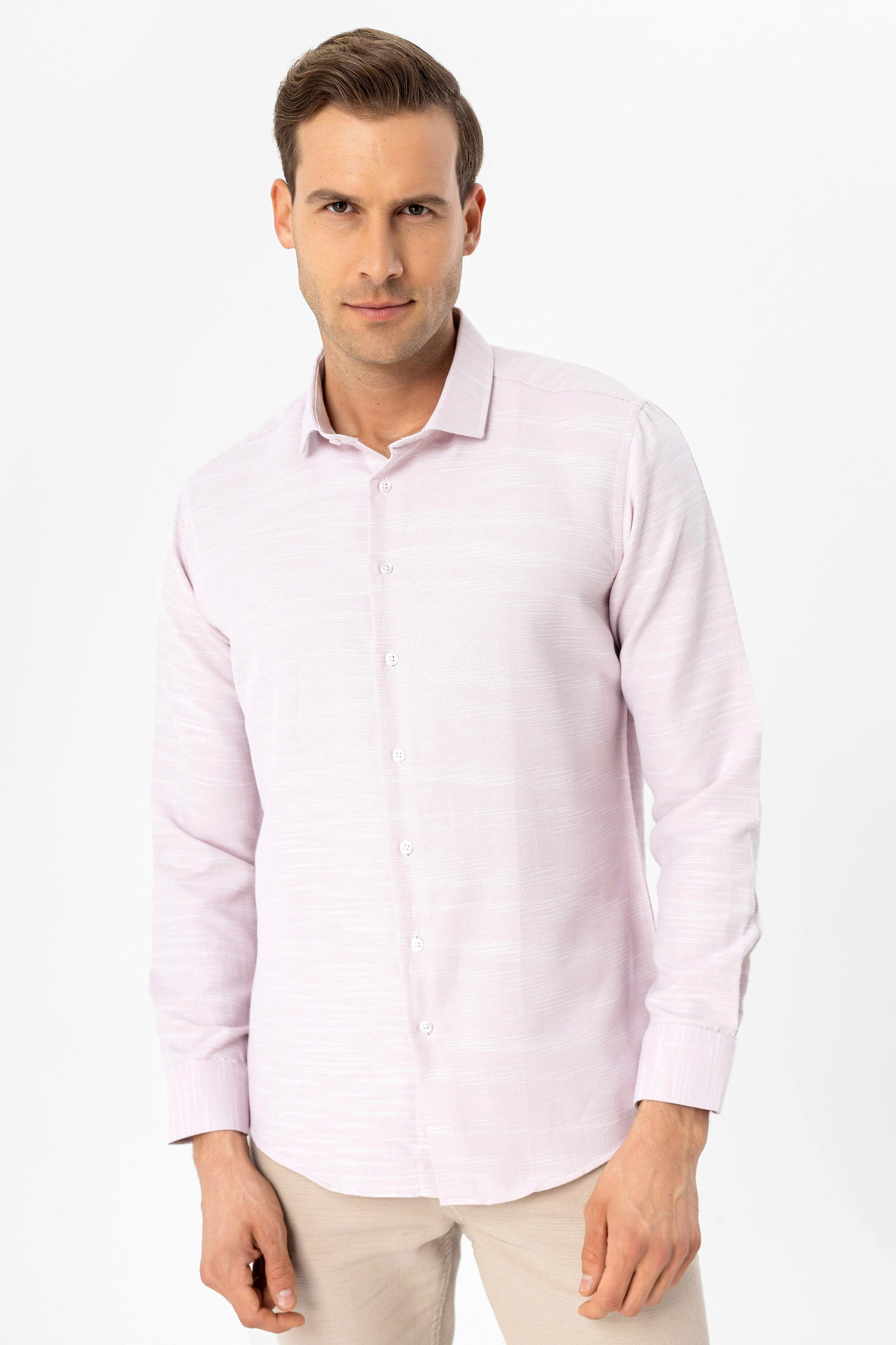 Pembe Slim Fit Armürlü Klasik Yaka Gömlek