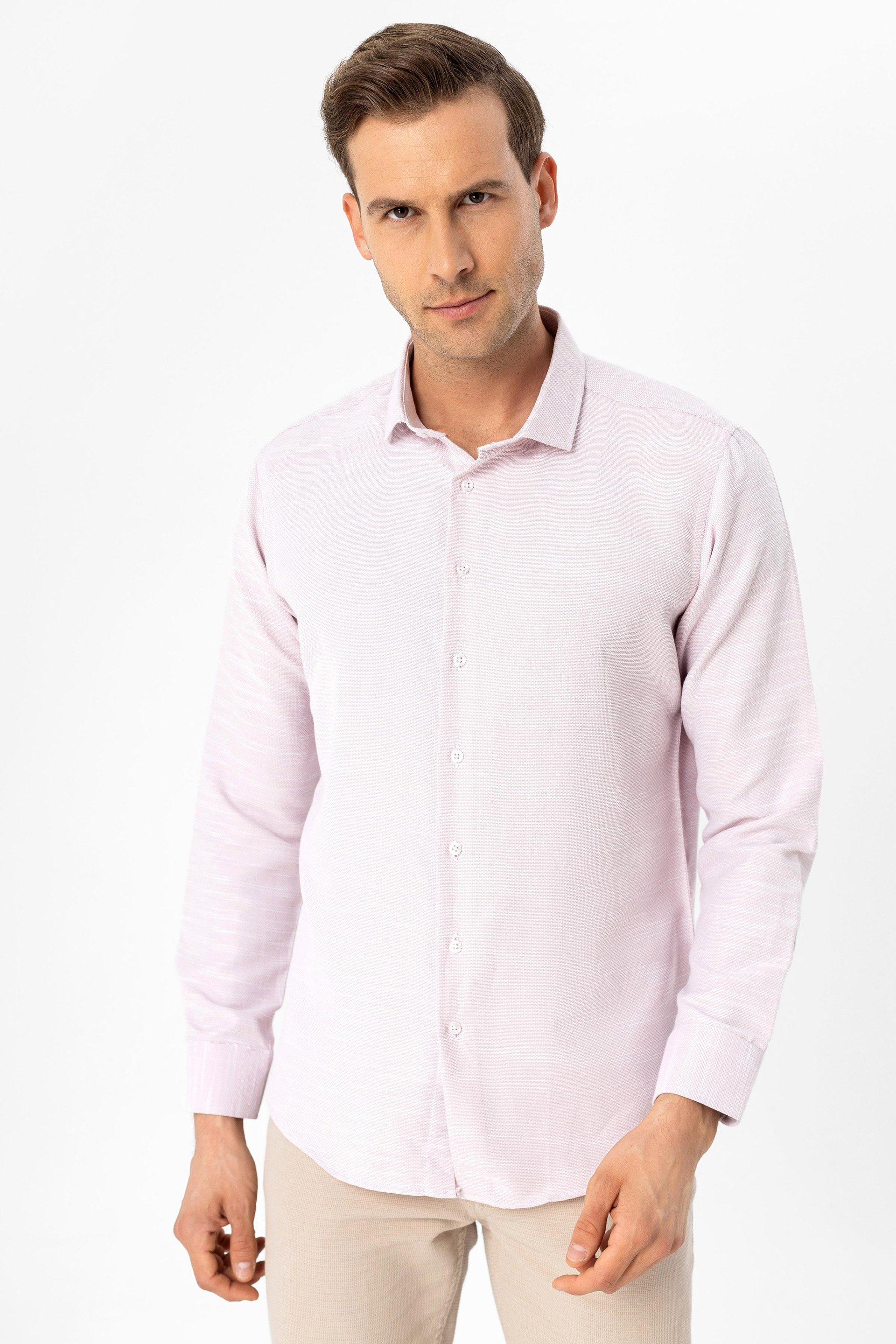Pembe Slim Fit Armürlü Klasik Yaka Gömlek