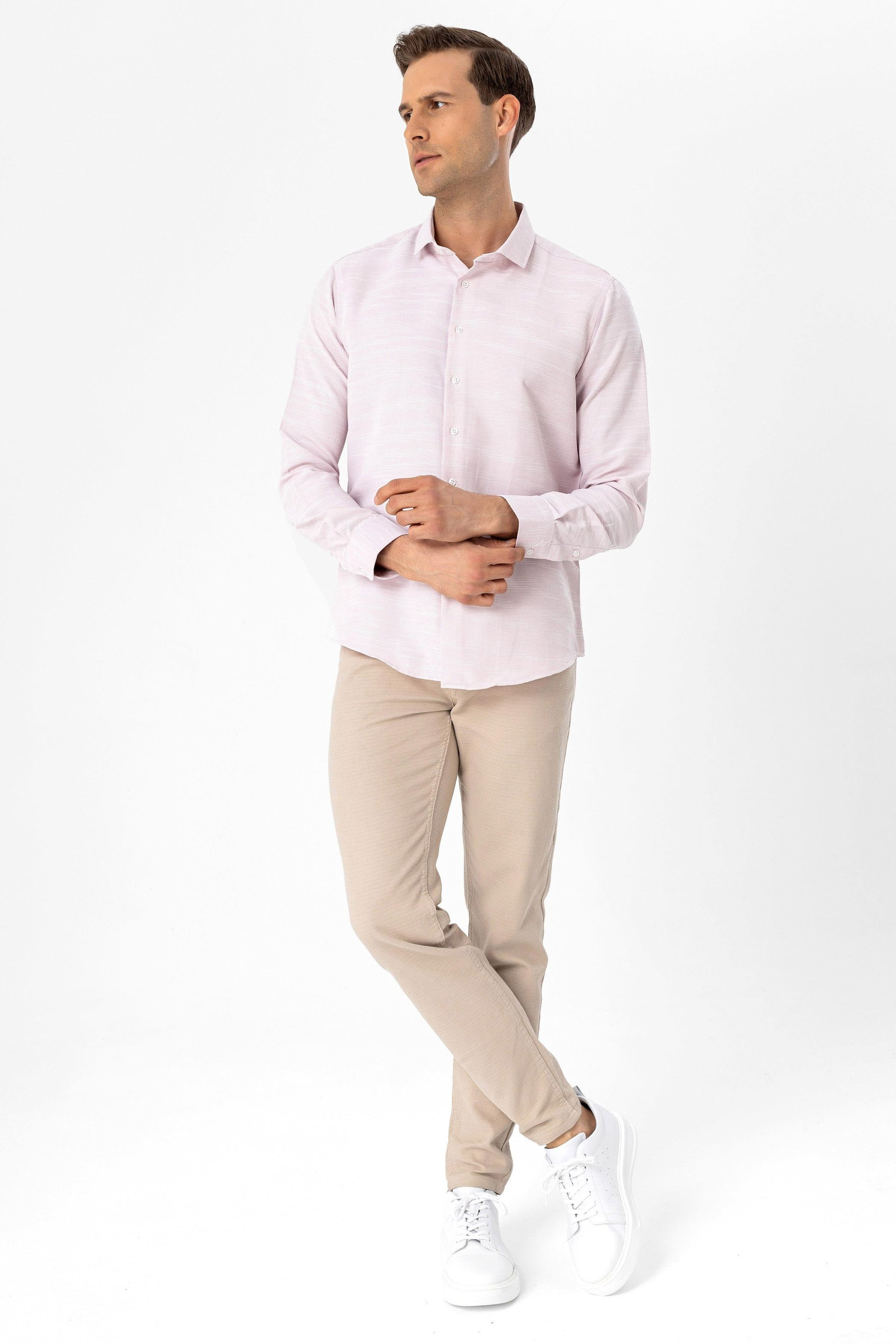 Pembe Slim Fit Armürlü Klasik Yaka Gömlek