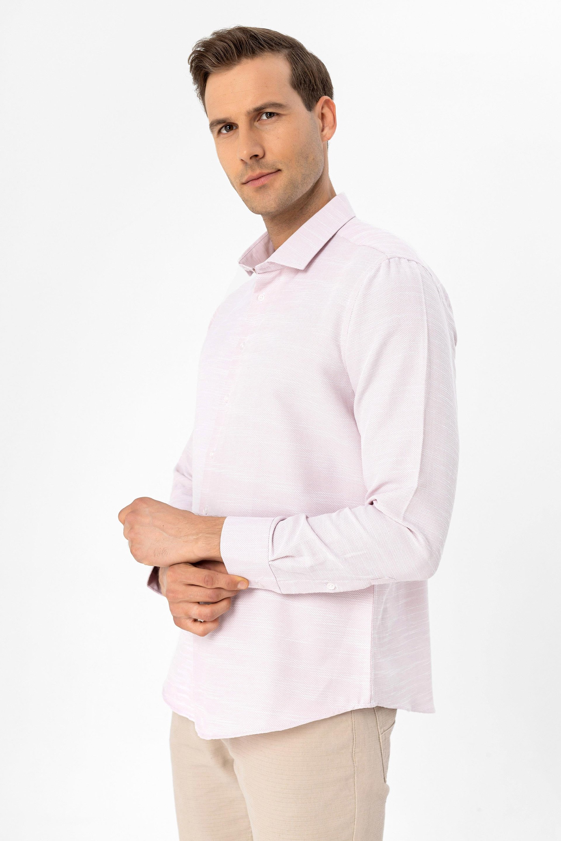 Pembe Slim Fit Armürlü Klasik Yaka Gömlek