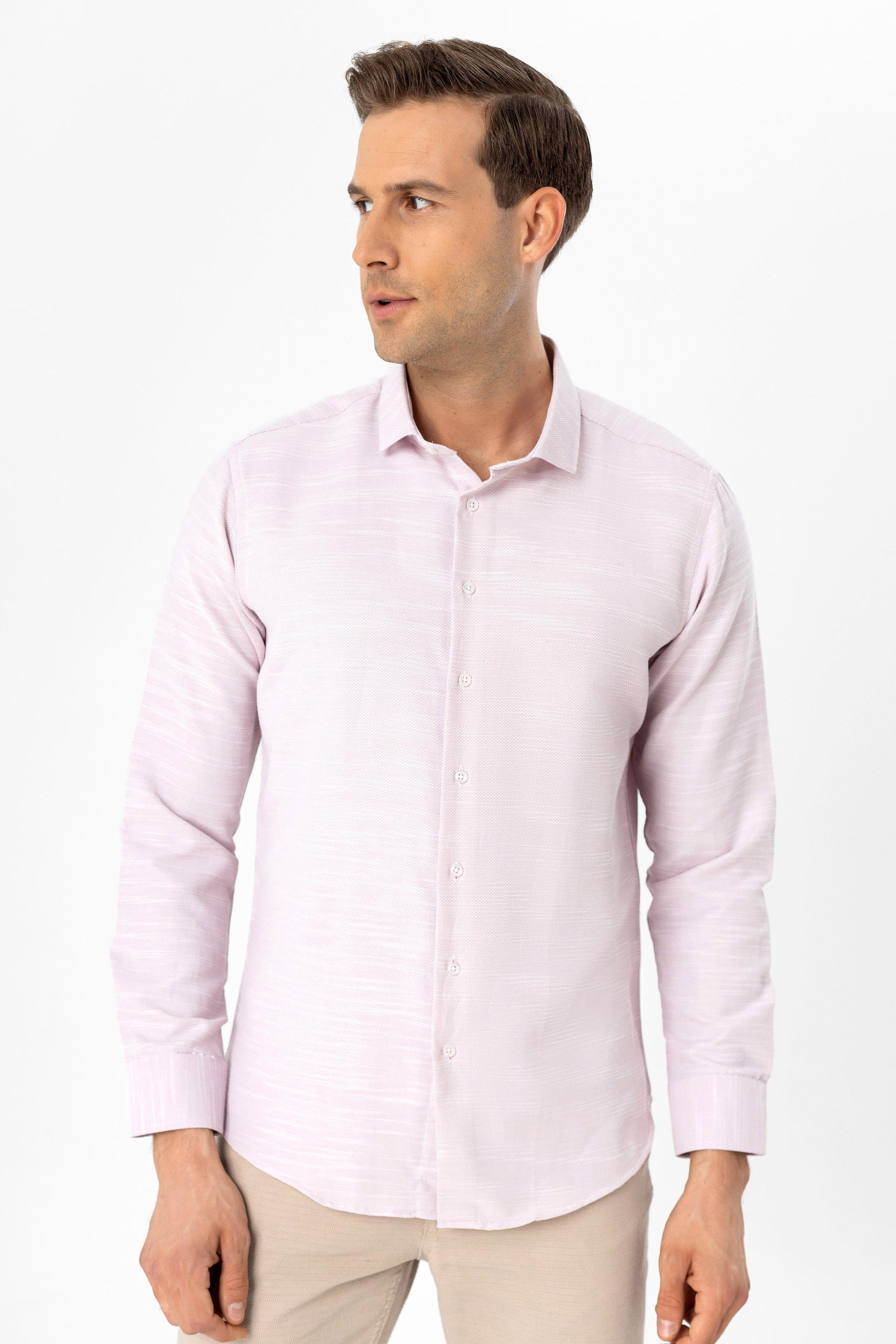 Pembe Slim Fit Armürlü Klasik Yaka Gömlek