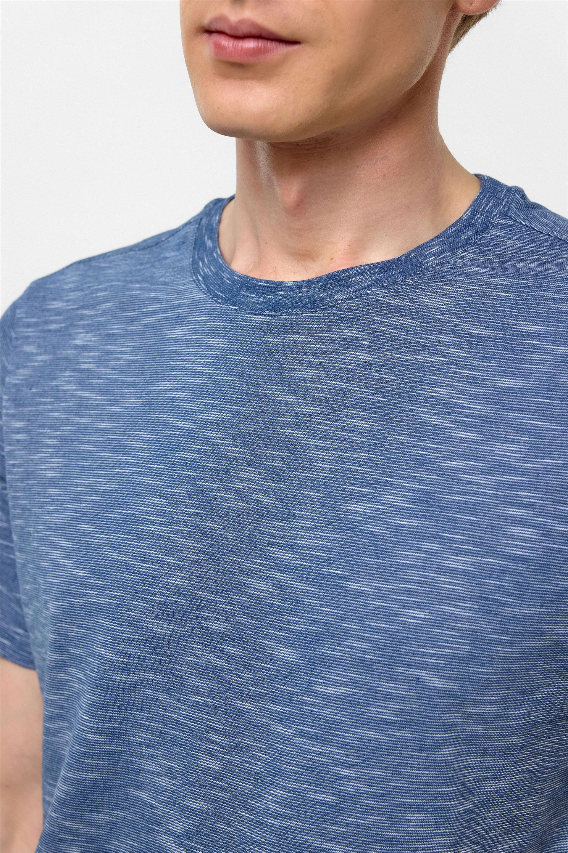 Saks Mavi Regular Armürlü Bisiklet Yaka Tişört