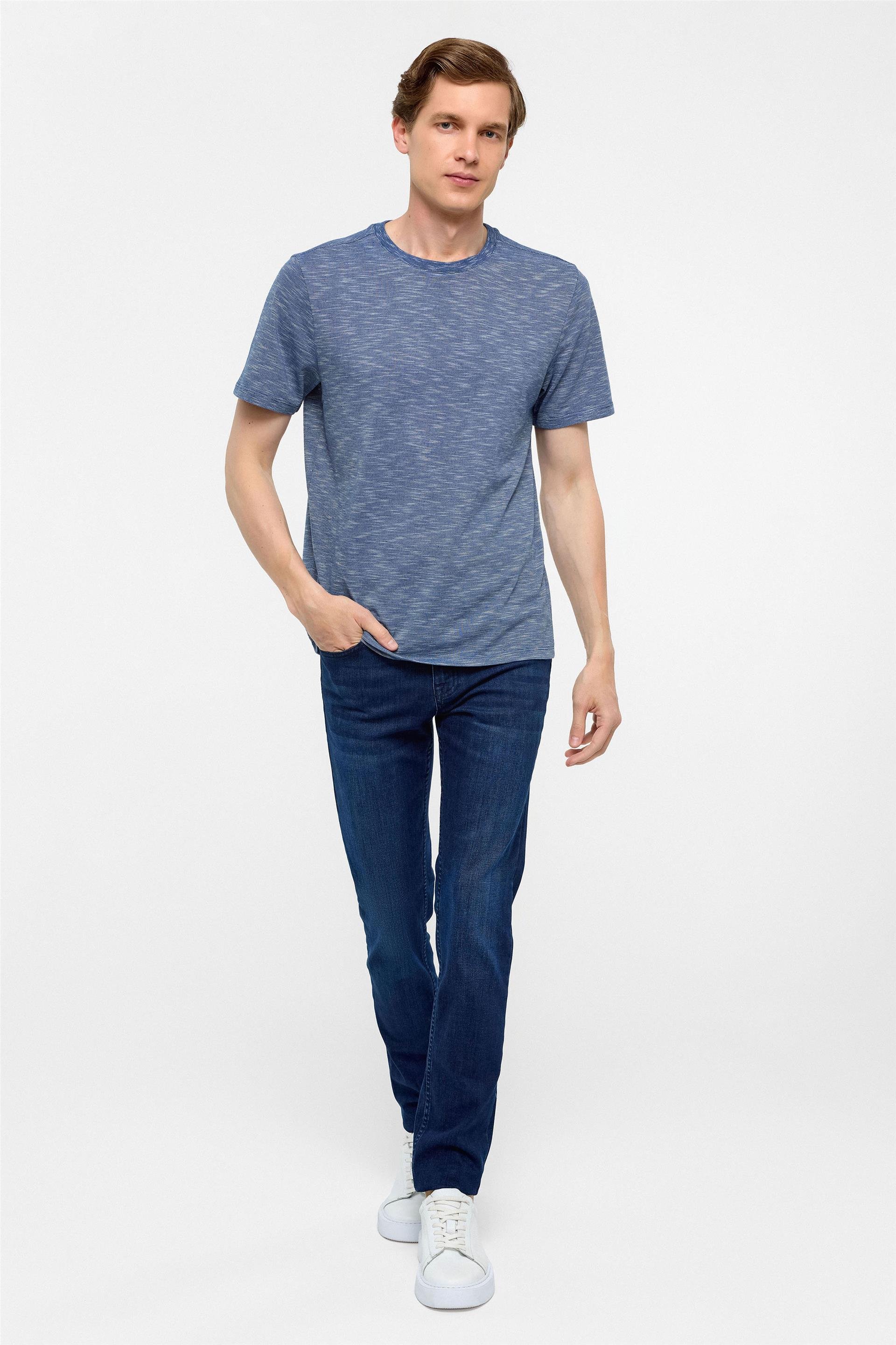 Saks Mavi Regular Armürlü Bisiklet Yaka Tişört