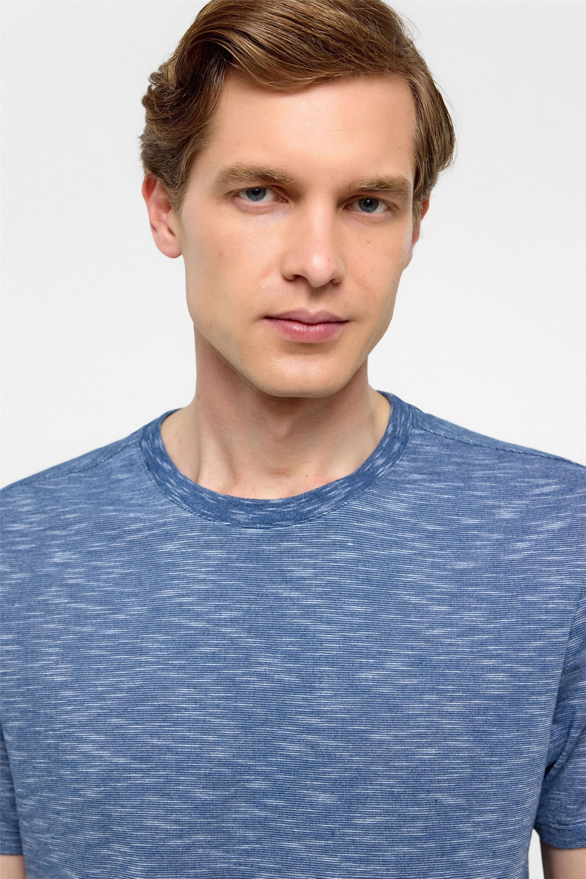 Saks Mavi Regular Armürlü Bisiklet Yaka Tişört