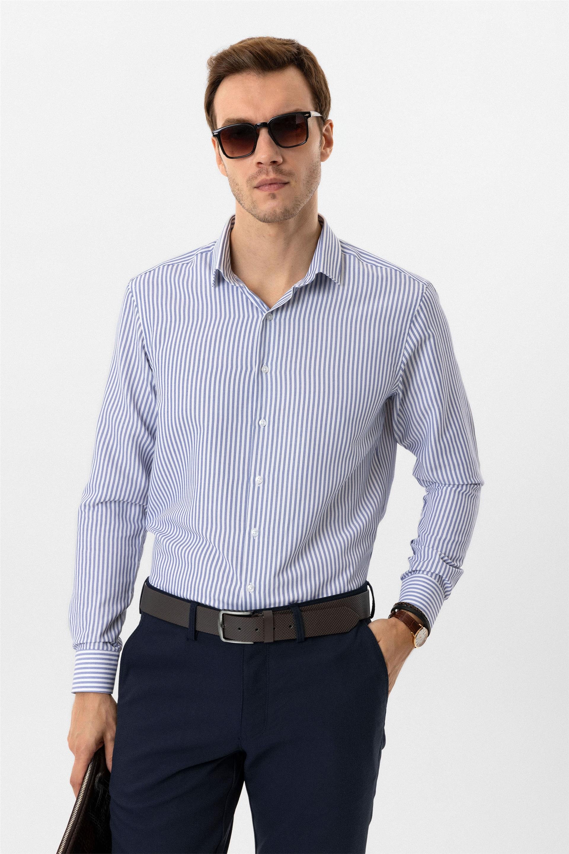 Saks Mavi Slim Armürlü Klasik Yaka Gömlek