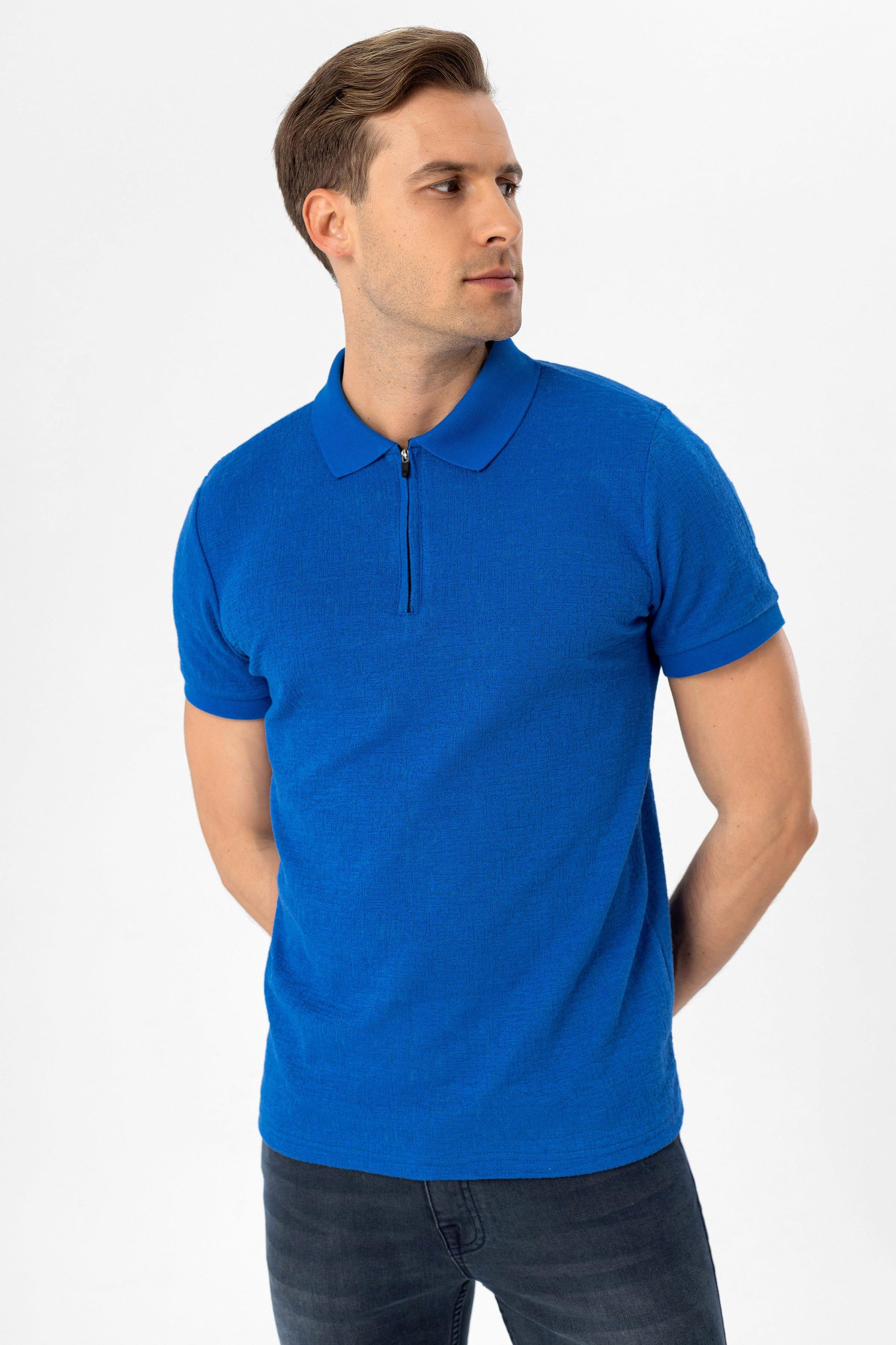 Saks Mavi Slim Armürlü Polo Yaka Tişört