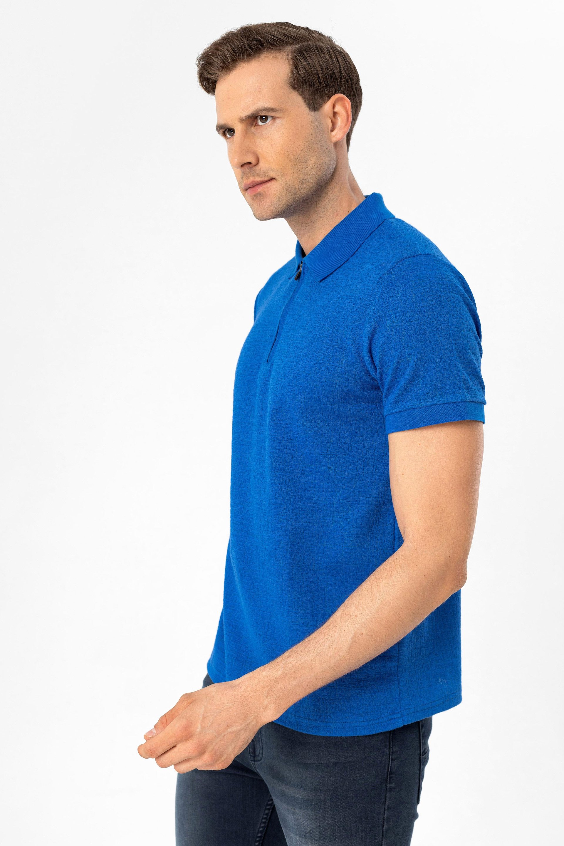 Saks Mavi Slim Armürlü Polo Yaka Tişört