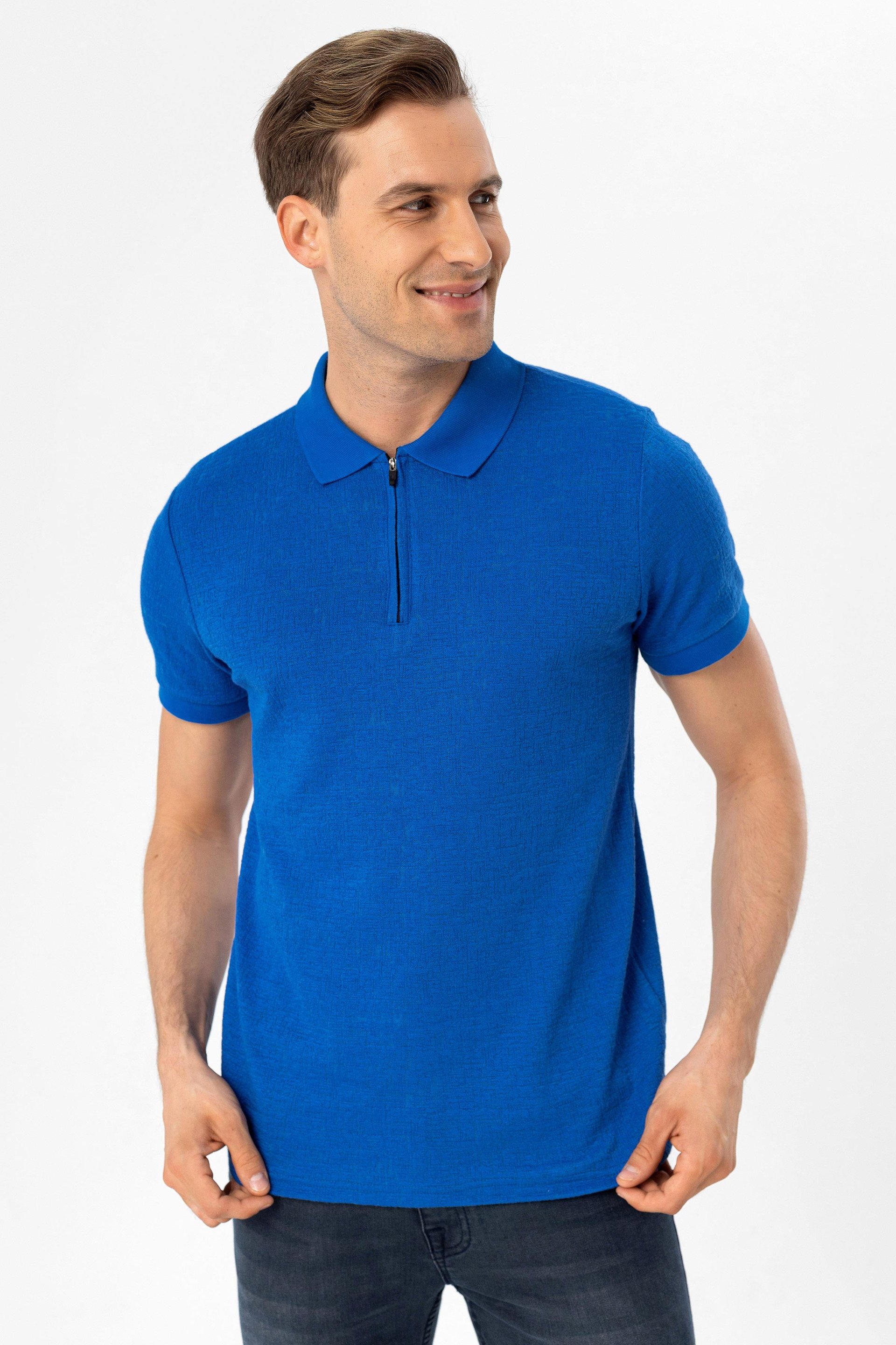 Saks Mavi Slim Armürlü Polo Yaka Tişört