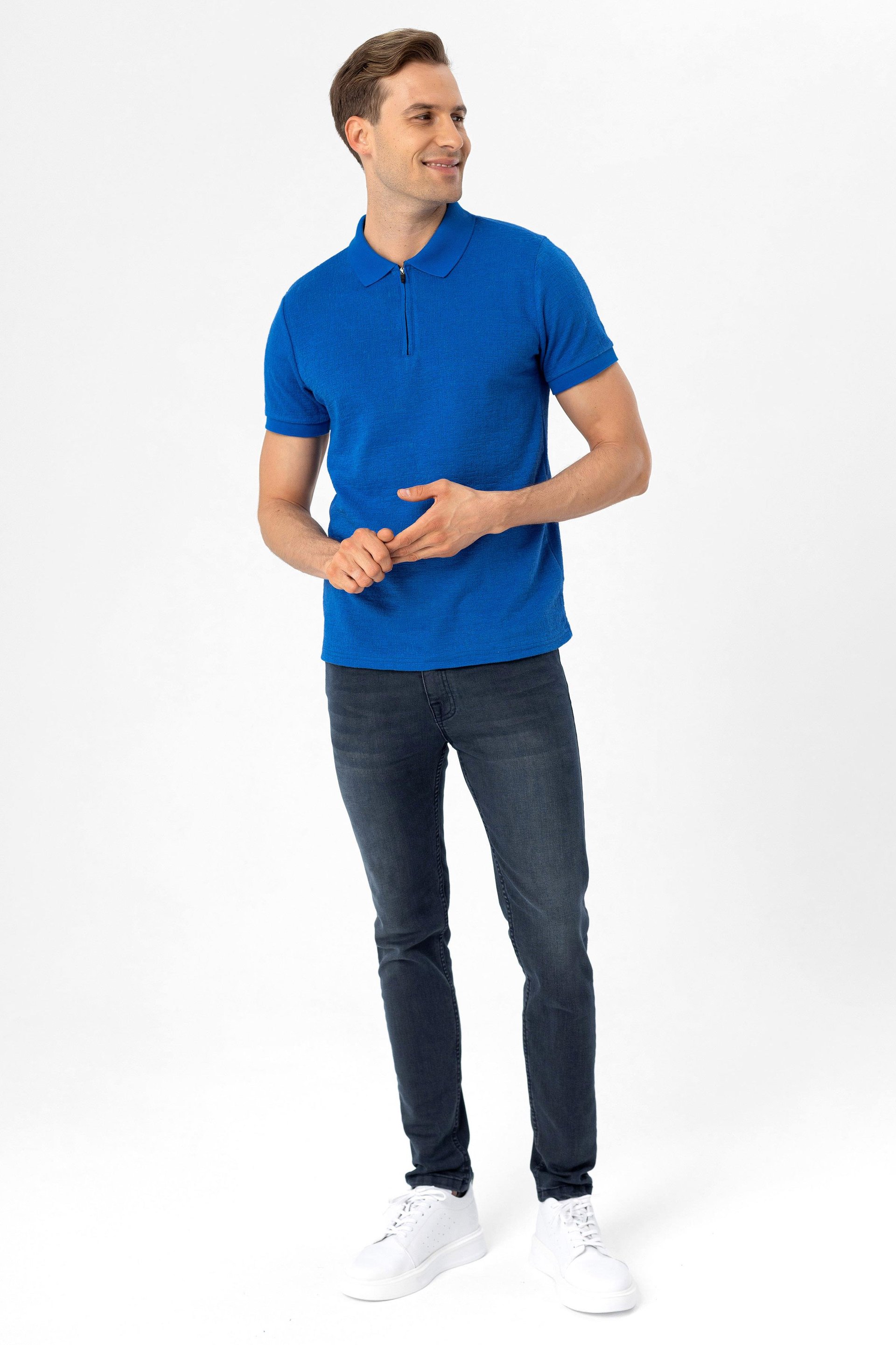 Saks Mavi Slim Armürlü Polo Yaka Tişört