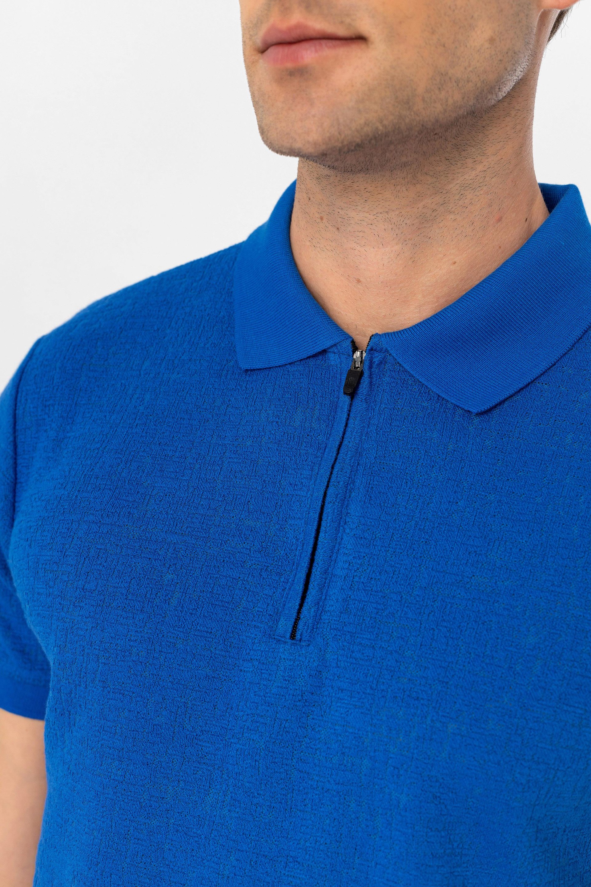 Saks Mavi Slim Armürlü Polo Yaka Tişört