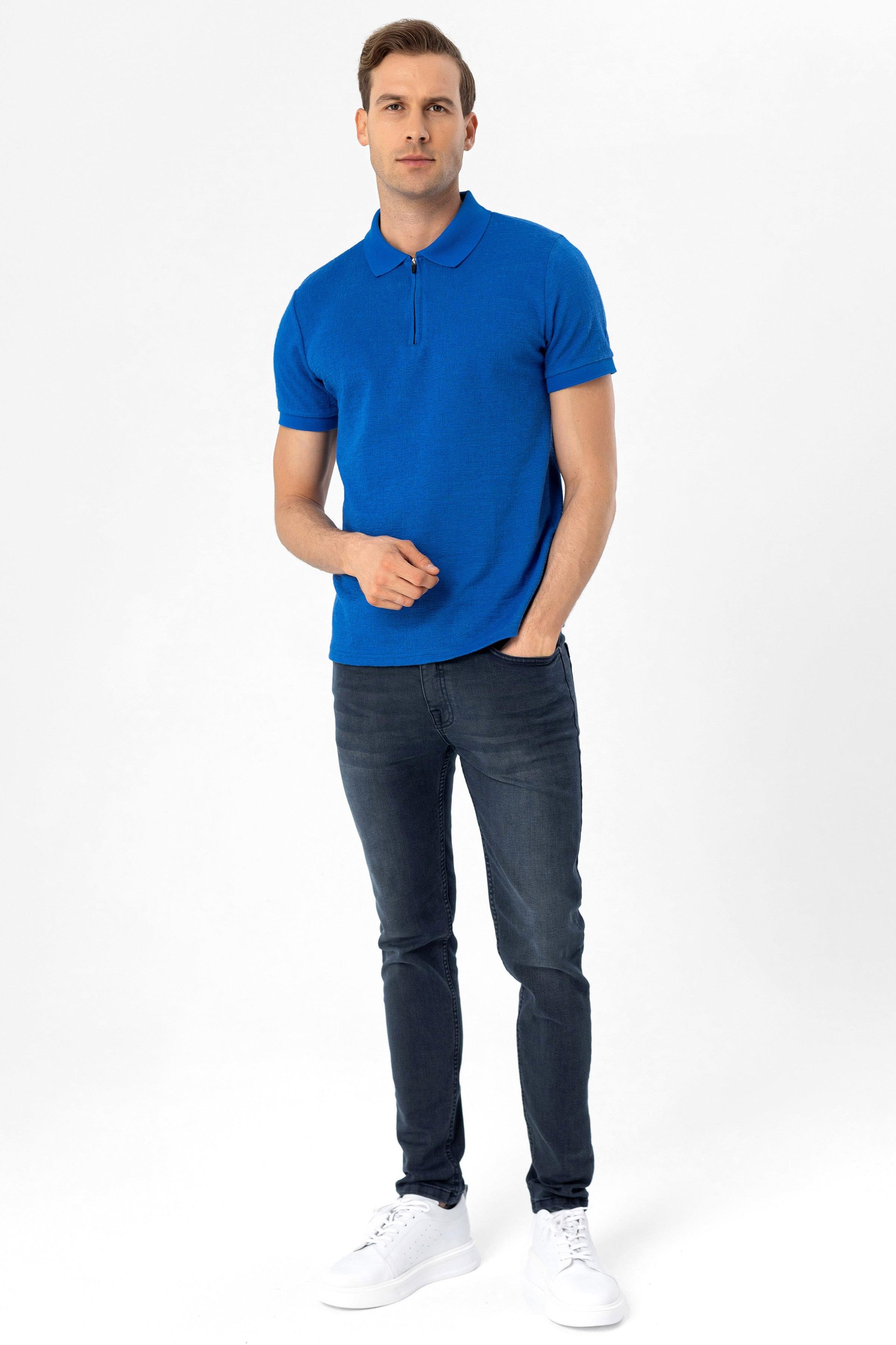 Saks Mavi Slim Armürlü Polo Yaka Tişört