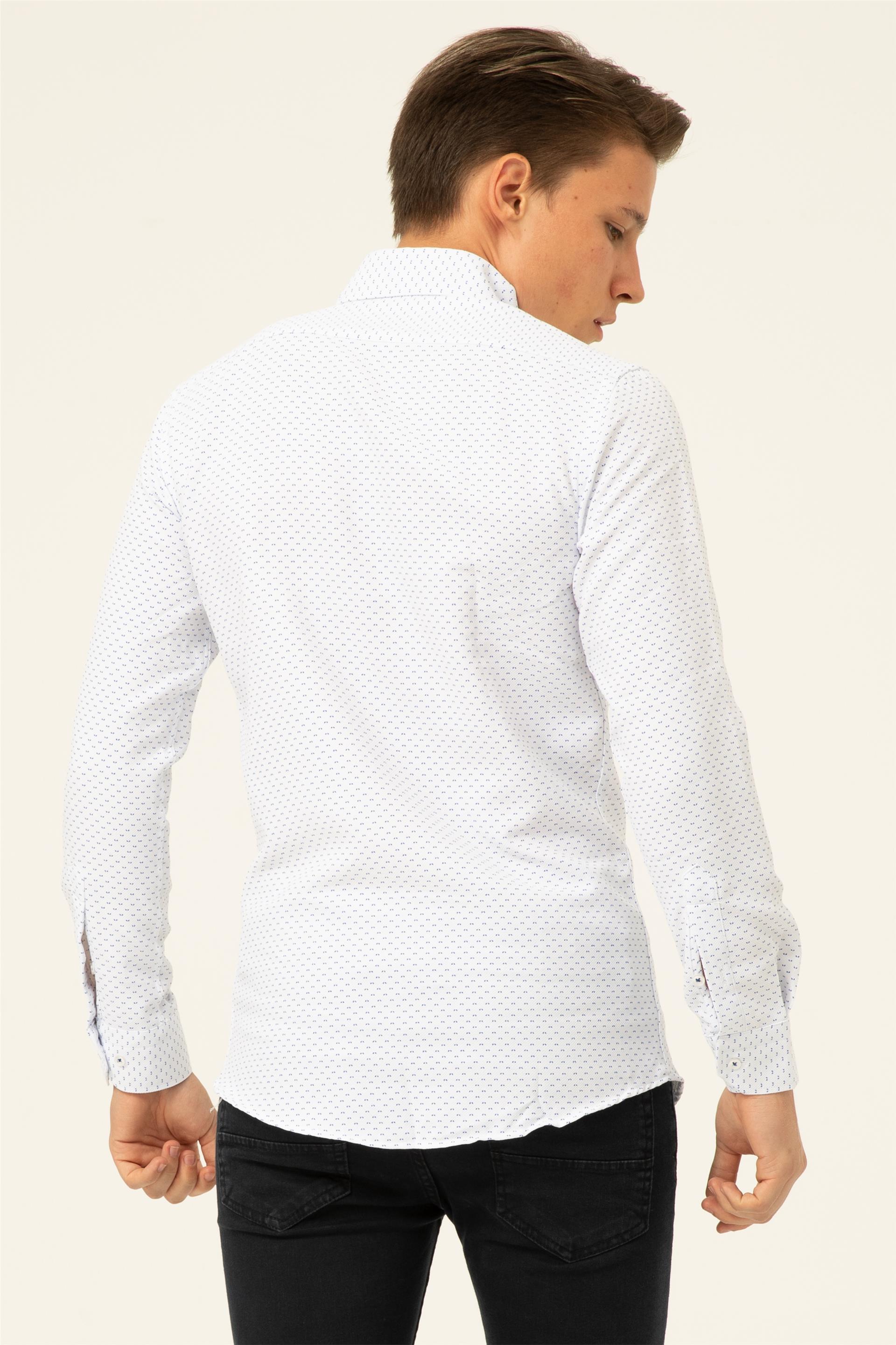 Saks Mavi Slim Baskılı Düğmeli Yaka  Gömlek