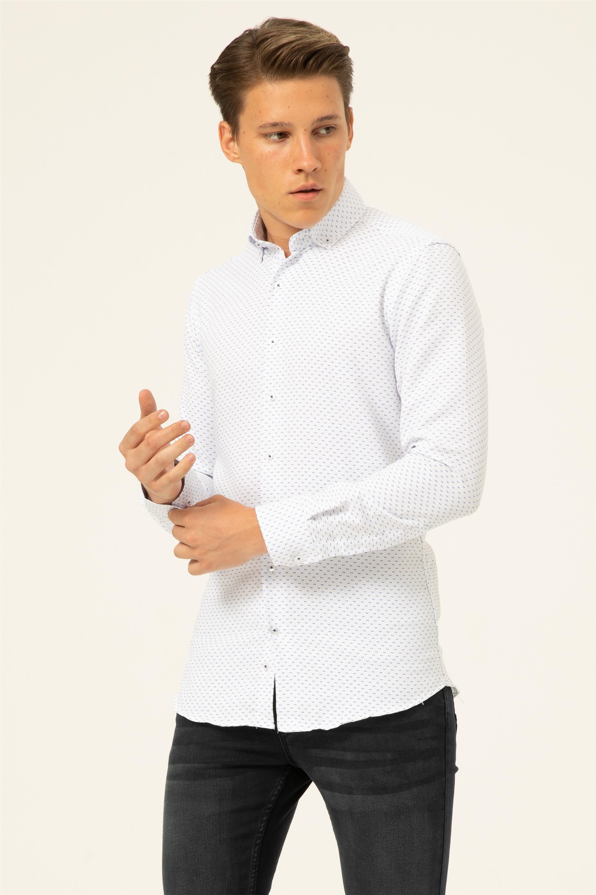 Saks Mavi Slim Baskılı Düğmeli Yaka  Gömlek