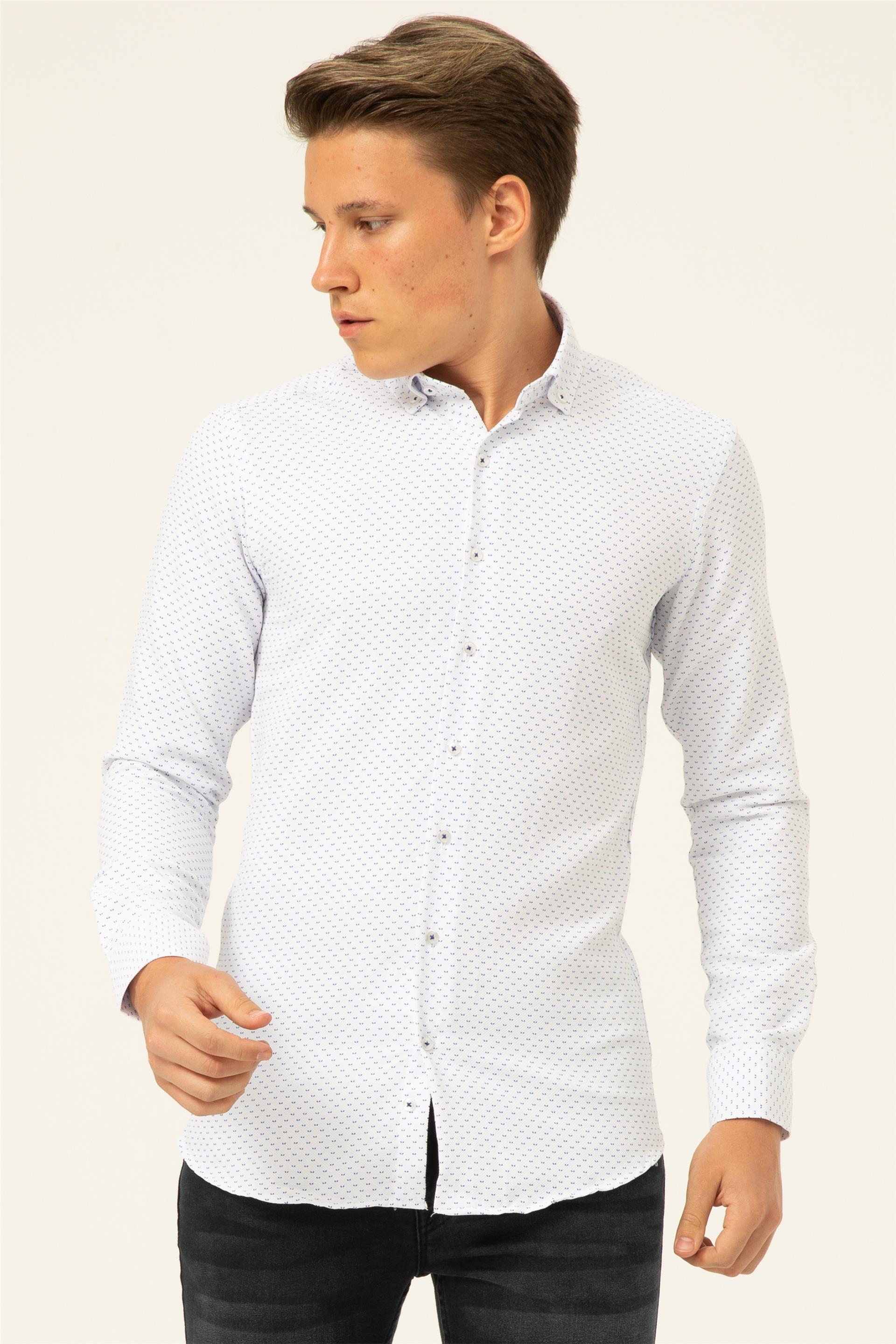 Saks Mavi Slim Baskılı Düğmeli Yaka  Gömlek