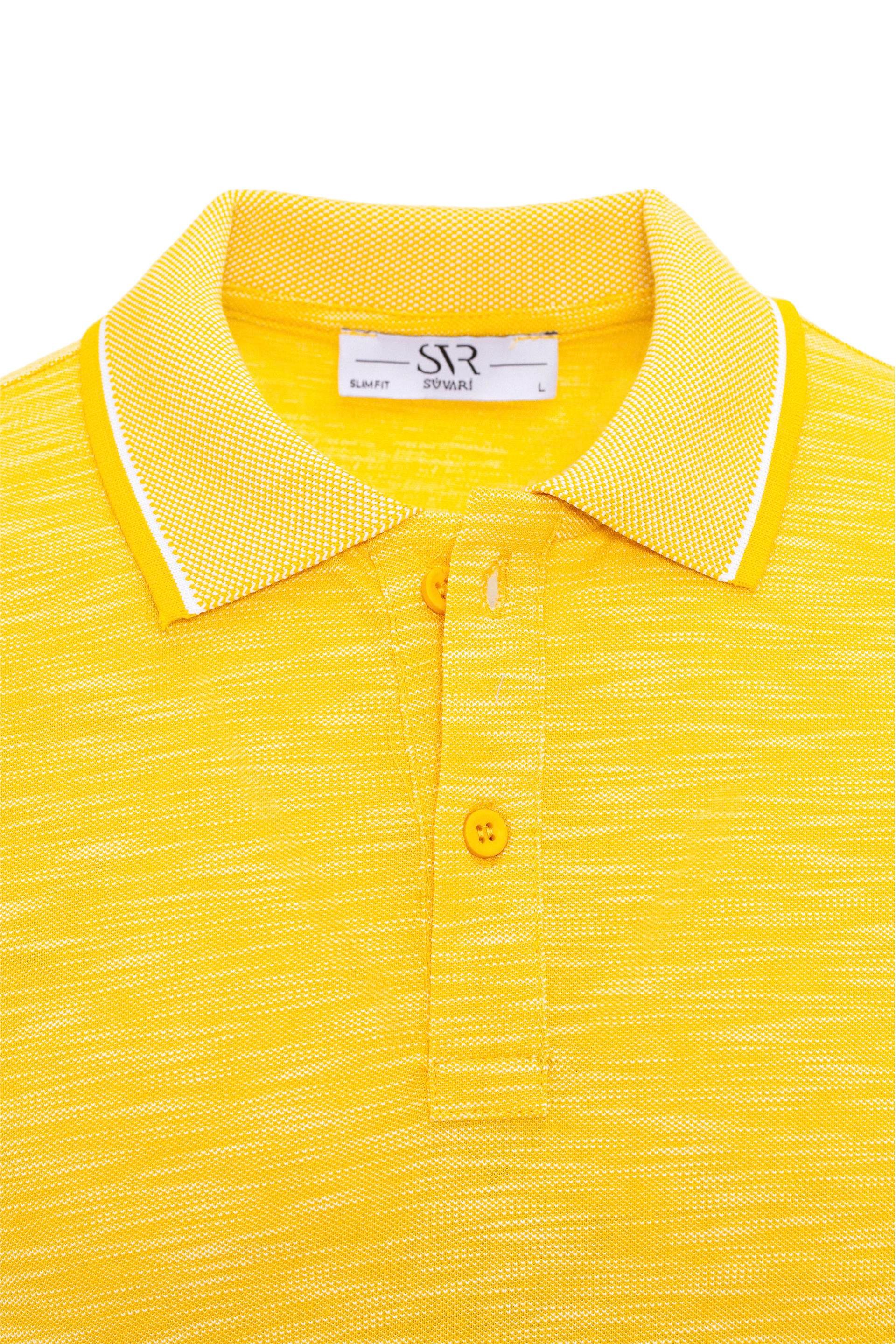 Sarı Slim Armürlü Polo Yaka Tişört