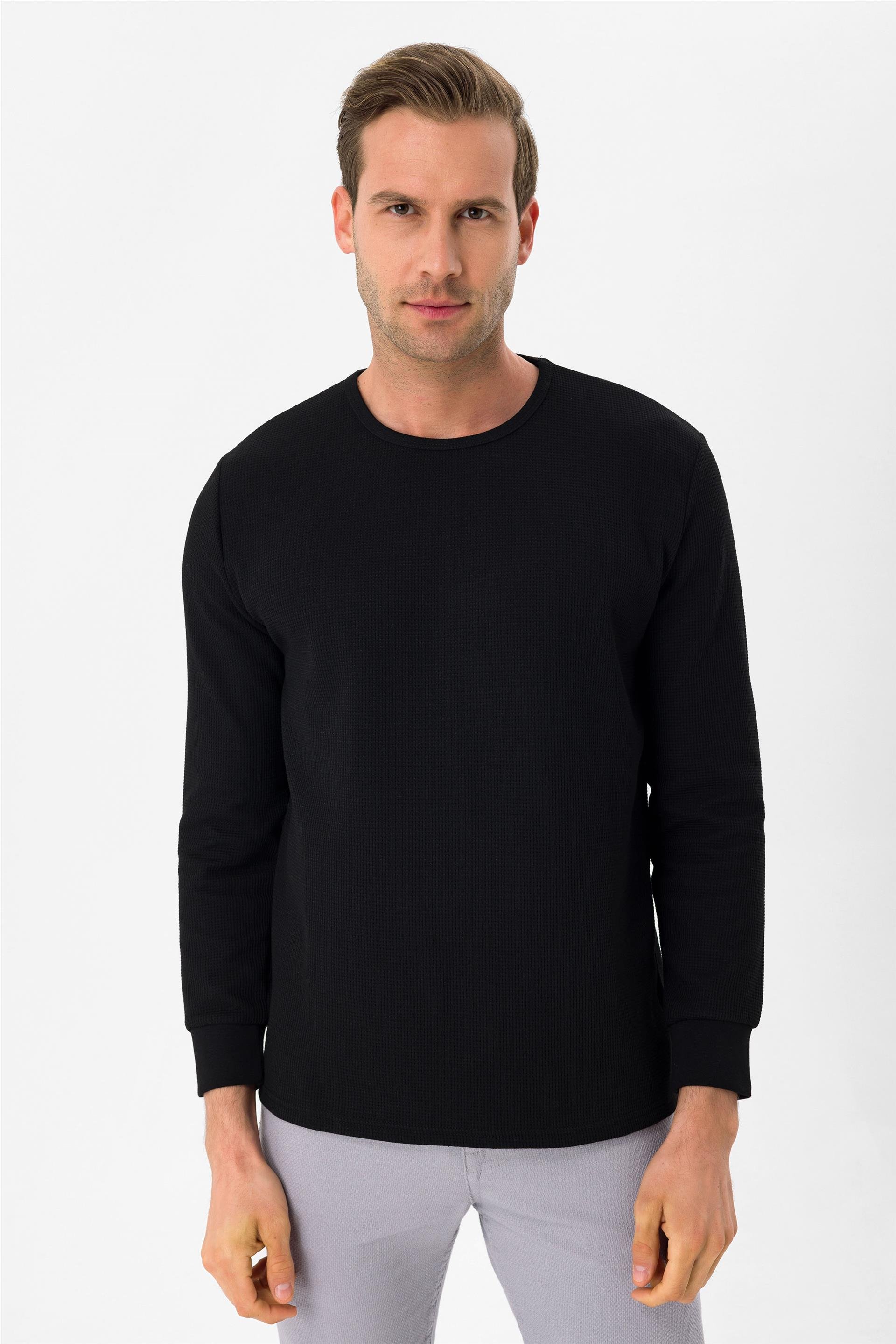 SİYAH 10 Slim Armürlü O Yaka  Sweatshirt