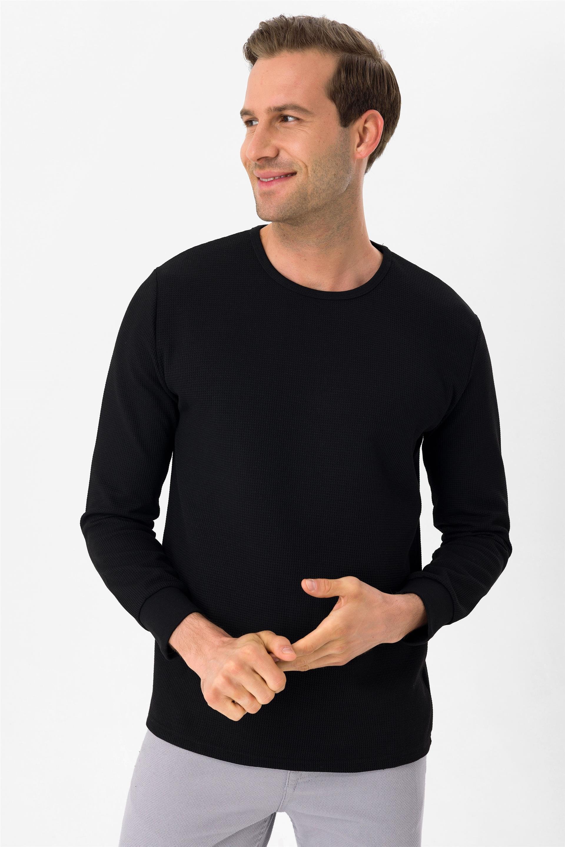 SİYAH 10 Slim Armürlü O Yaka  Sweatshirt