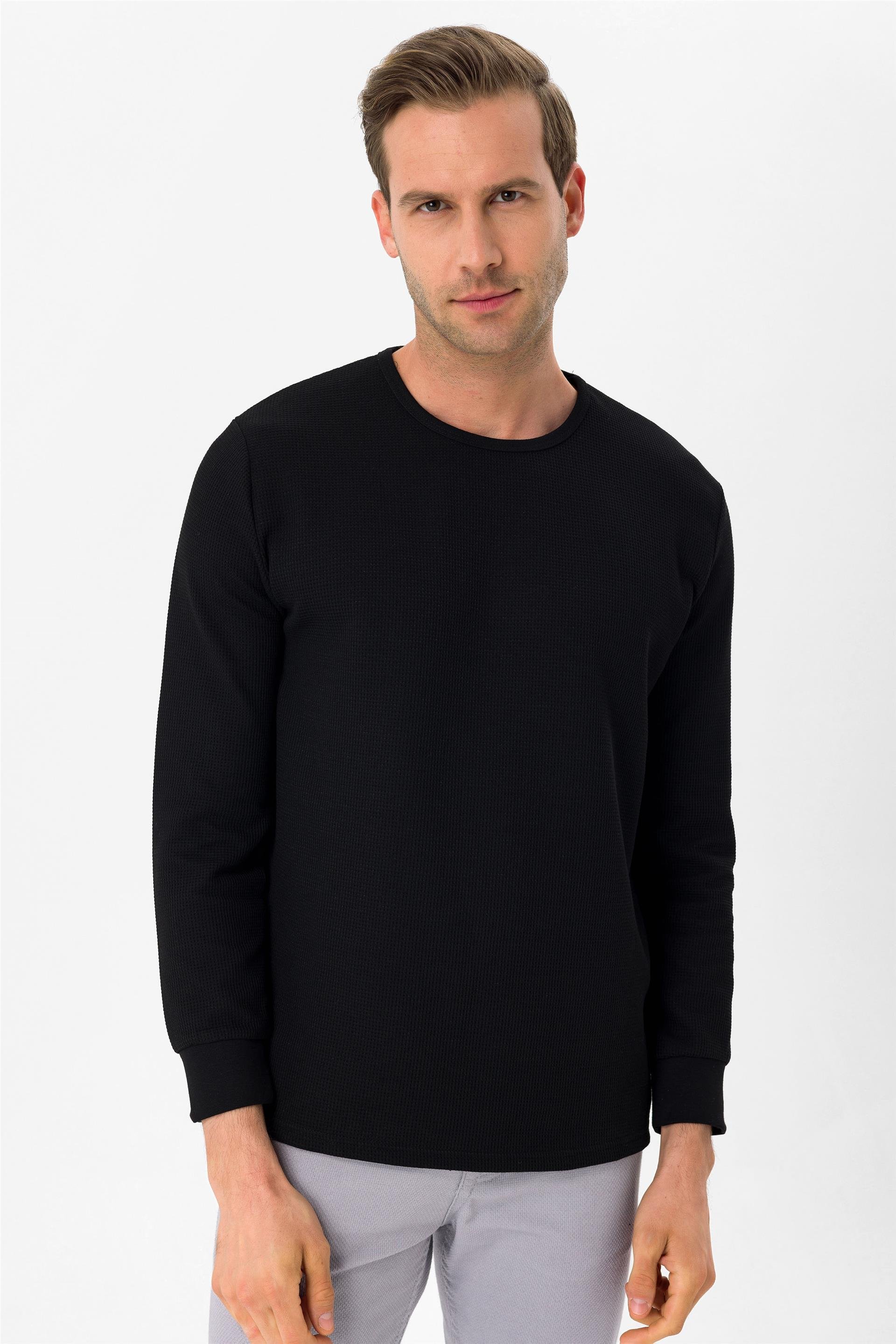SİYAH 10 Slim Armürlü O Yaka  Sweatshirt