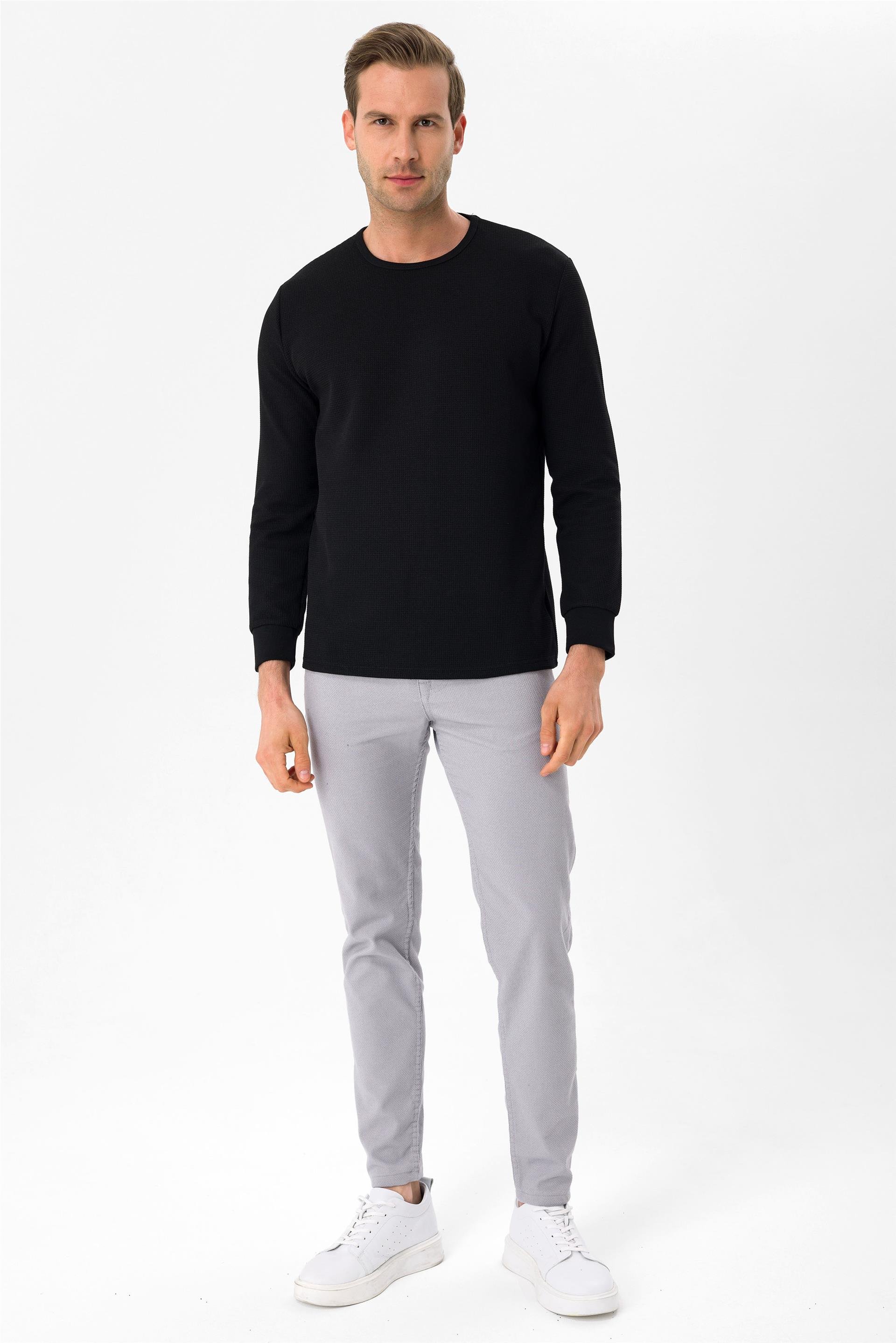 SİYAH 10 Slim Armürlü O Yaka  Sweatshirt