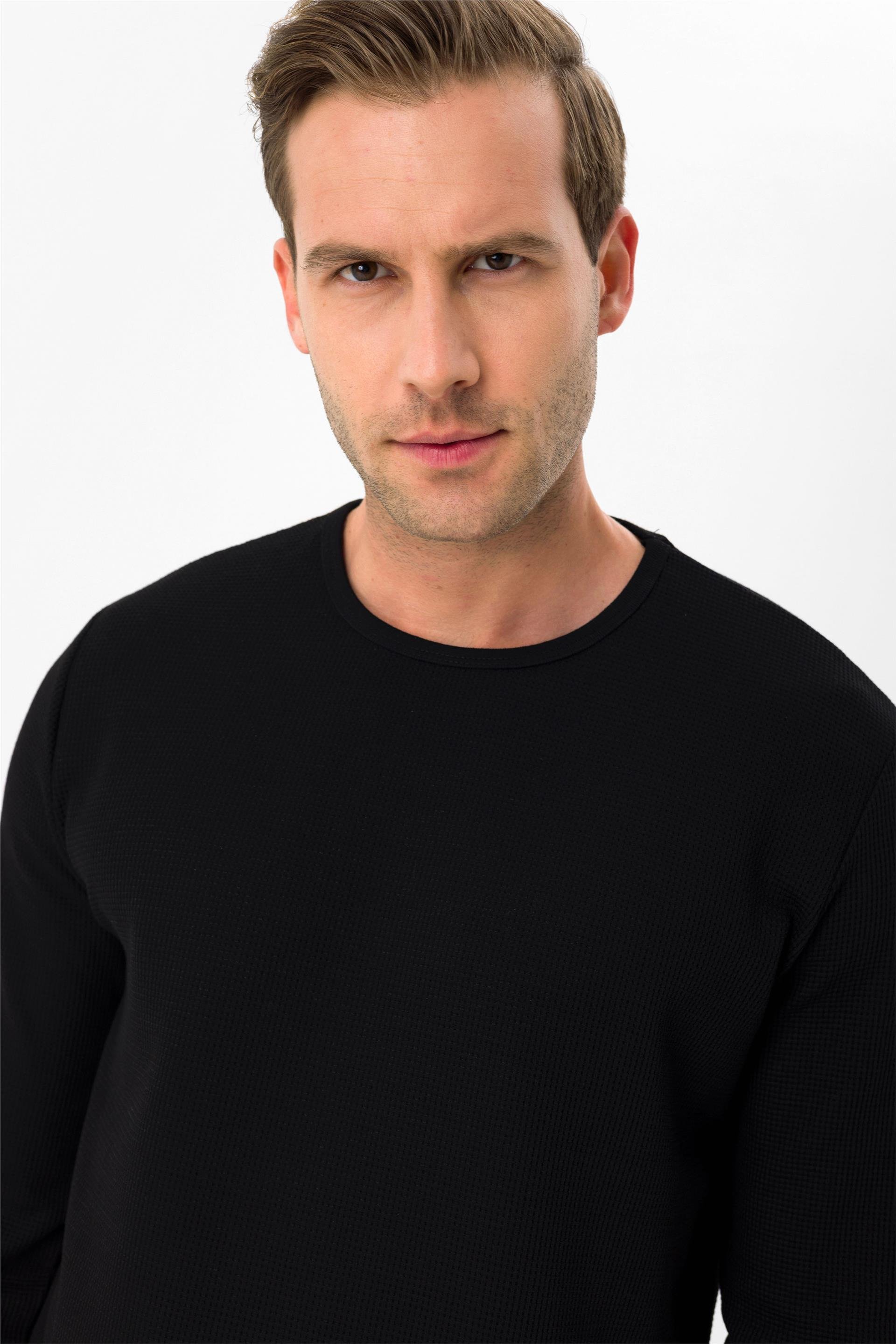 SİYAH 10 Slim Armürlü O Yaka  Sweatshirt