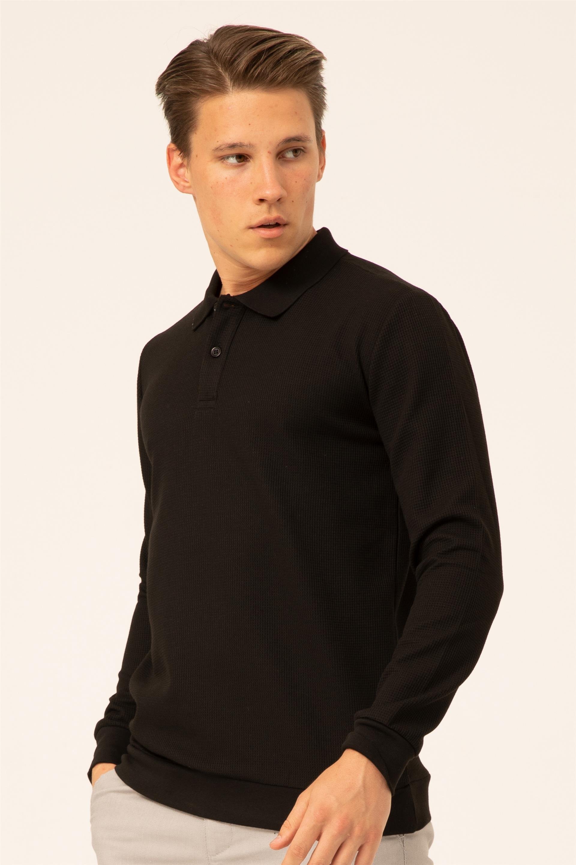 Siyah Regular Armürlü Polo Yaka  Sweatshirt