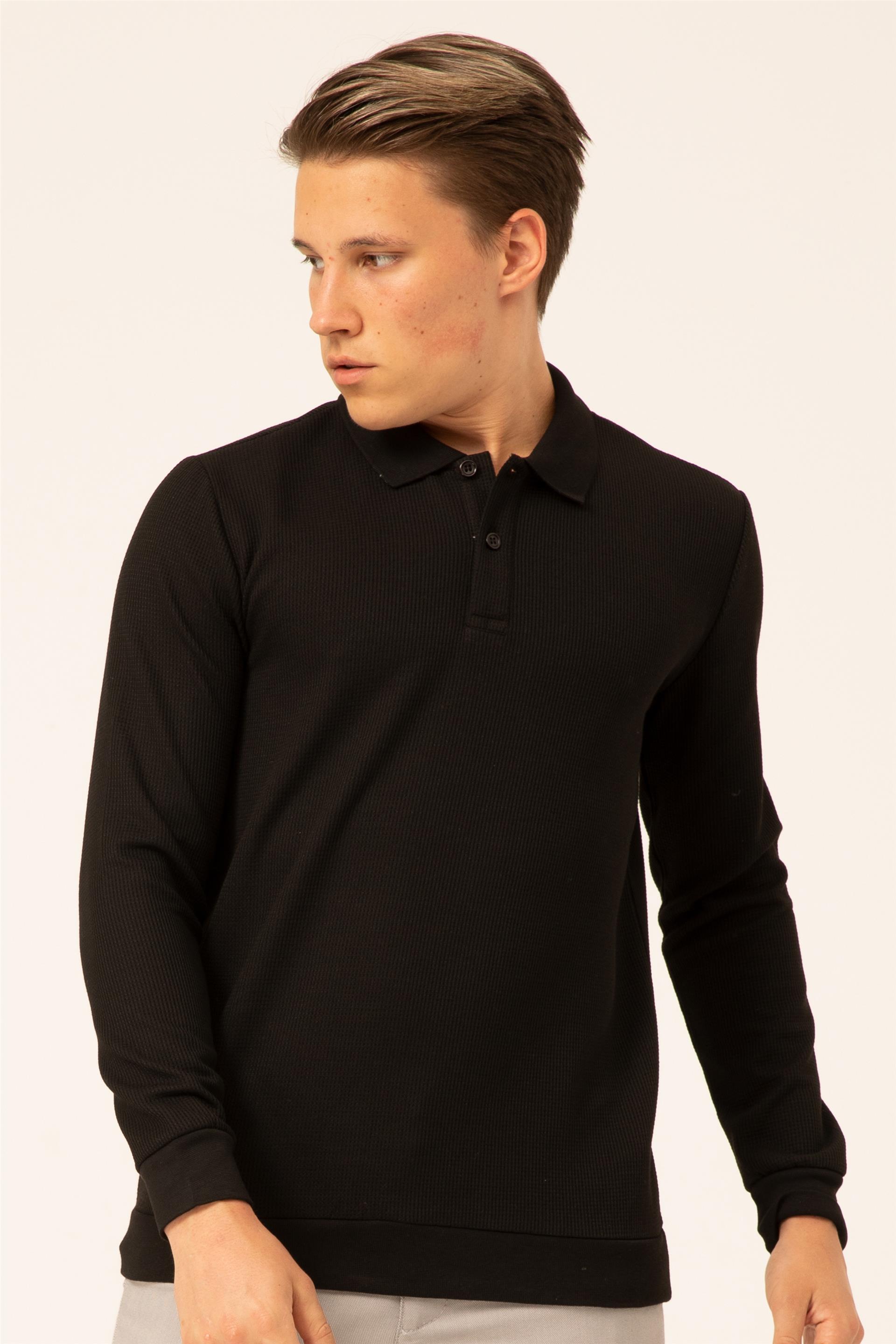 Siyah Regular Armürlü Polo Yaka  Sweatshirt