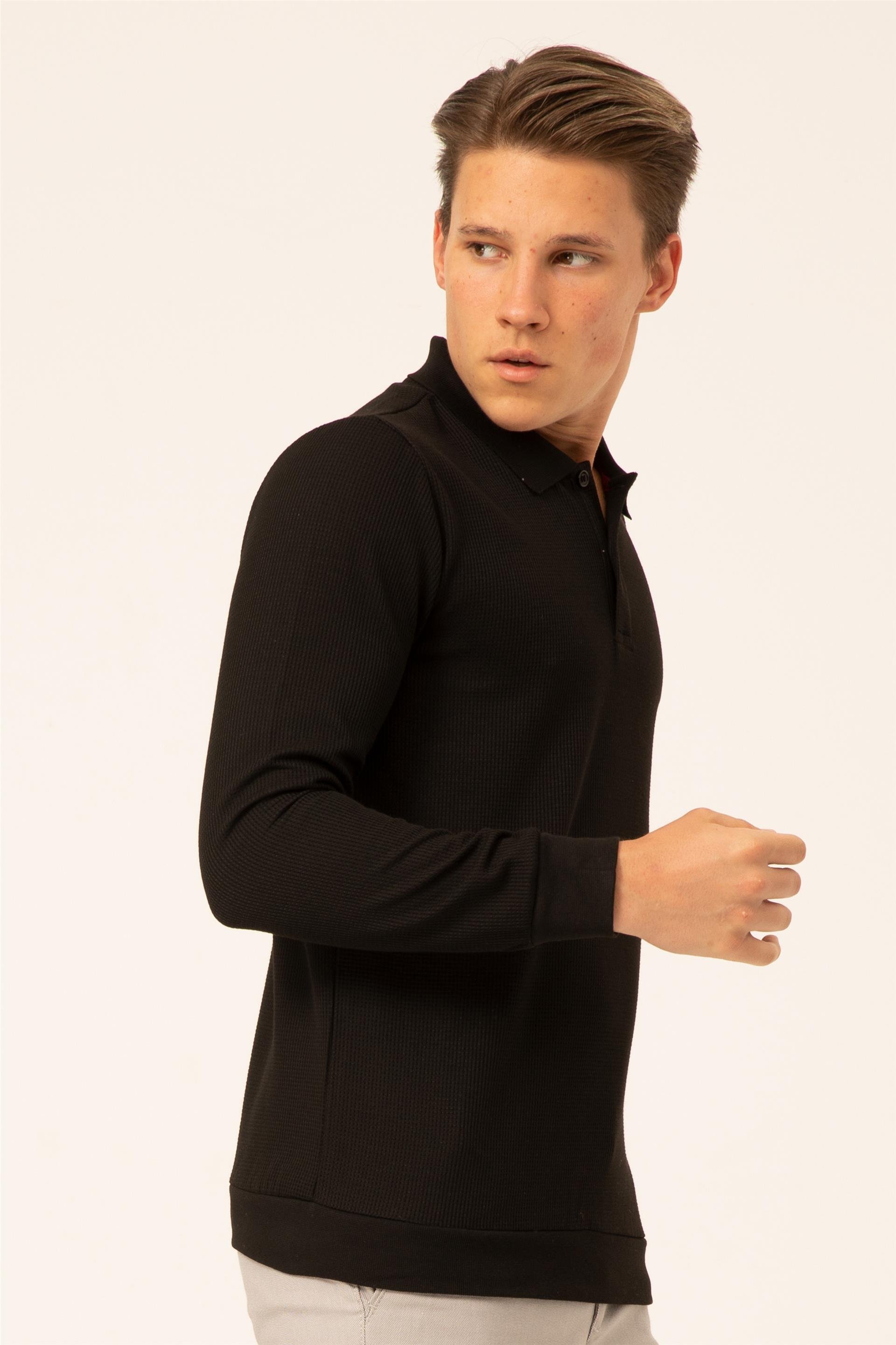 Siyah Regular Armürlü Polo Yaka  Sweatshirt