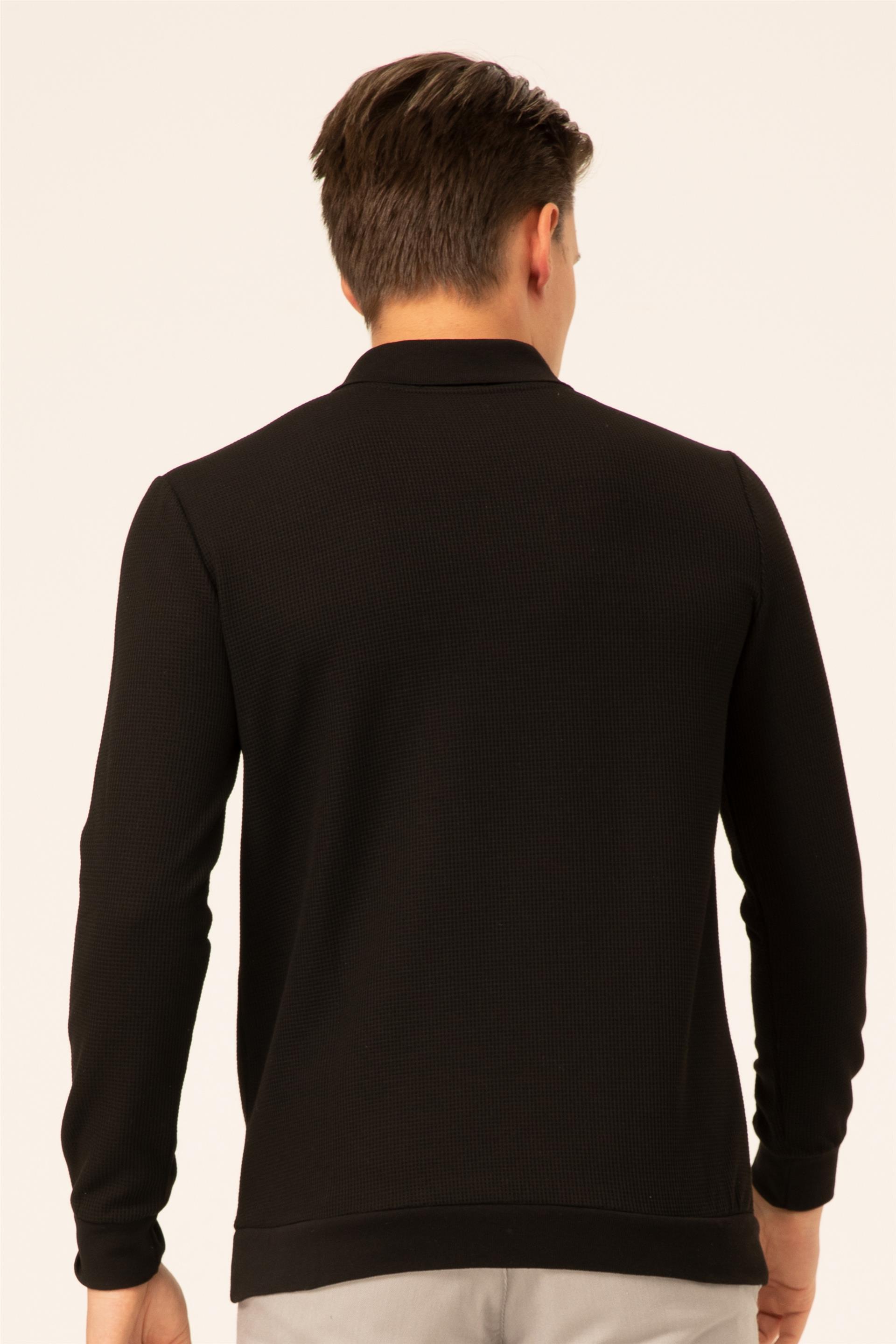 Siyah Regular Armürlü Polo Yaka  Sweatshirt