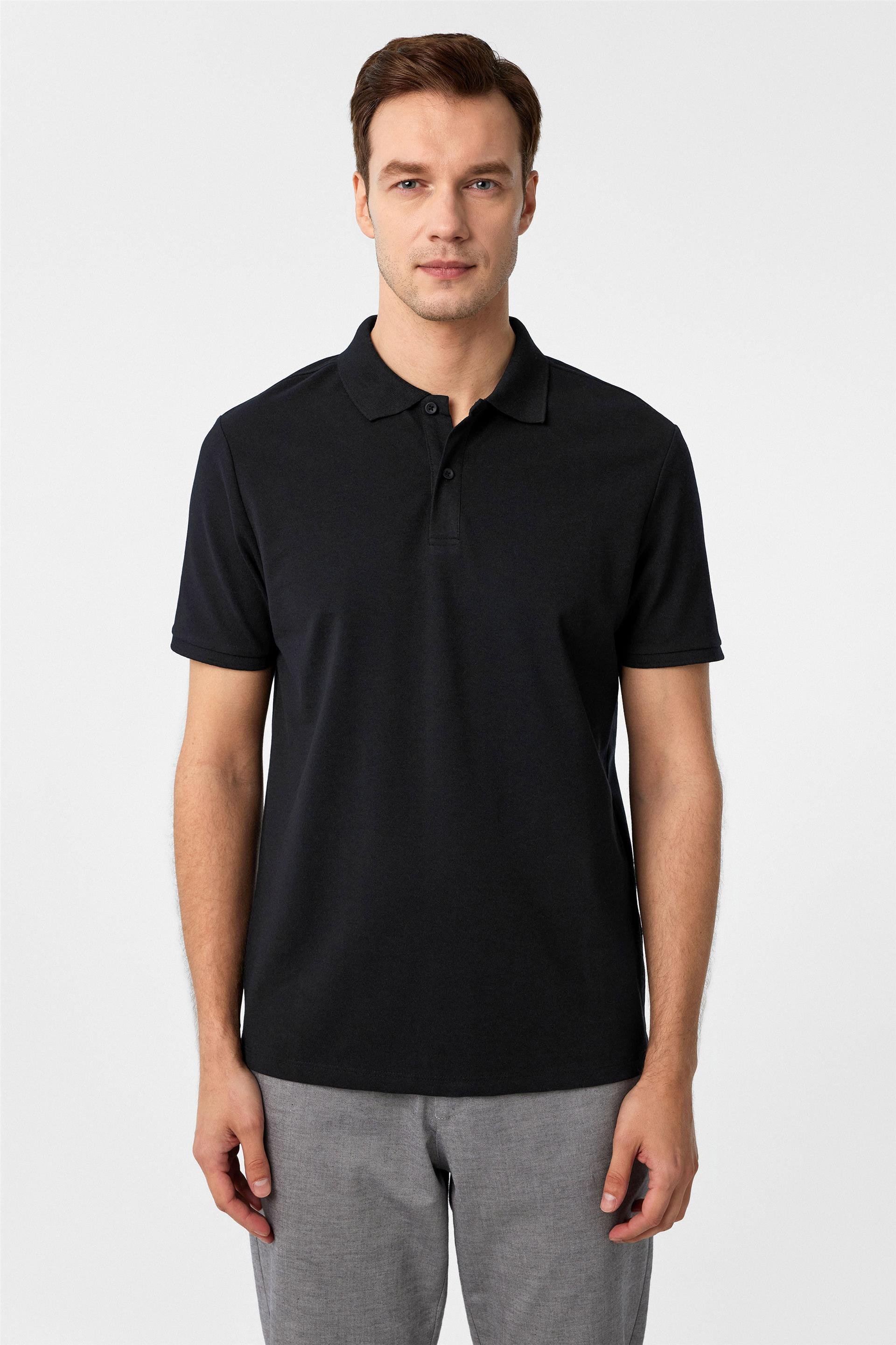 Siyah Regular Armürlü Polo Yaka Tişört
