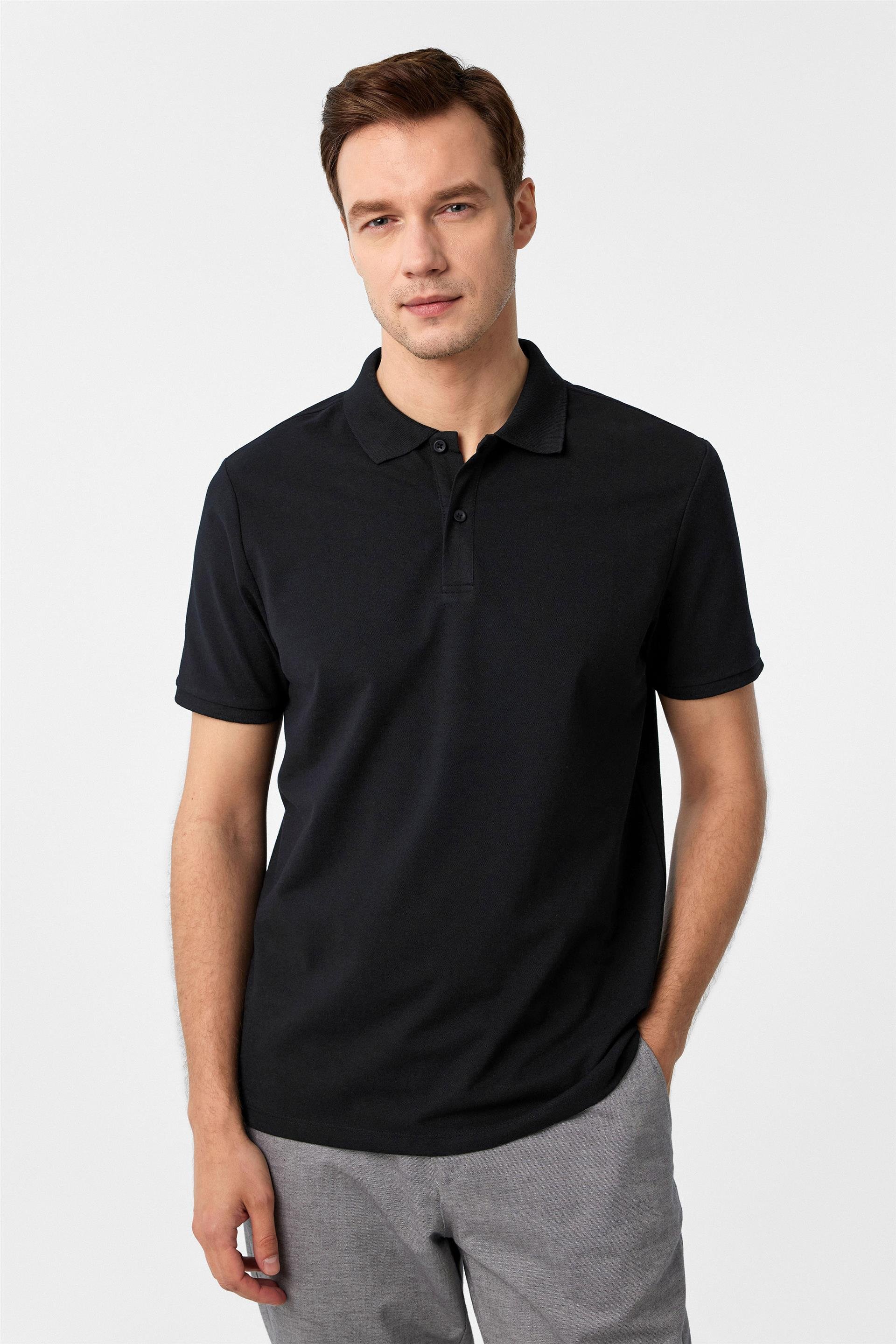 Siyah Regular Armürlü Polo Yaka Tişört