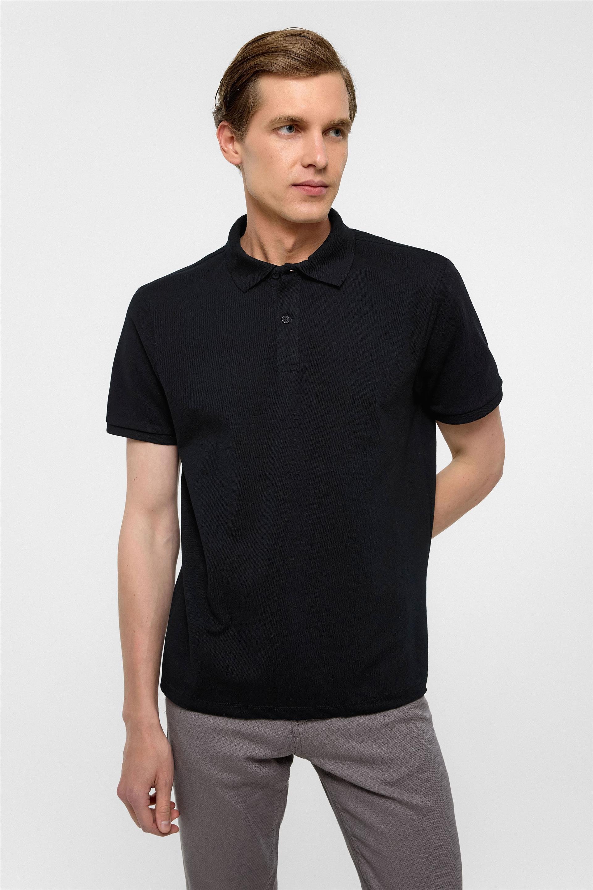 Siyah Regular Armürlü Polo Yaka Tişört