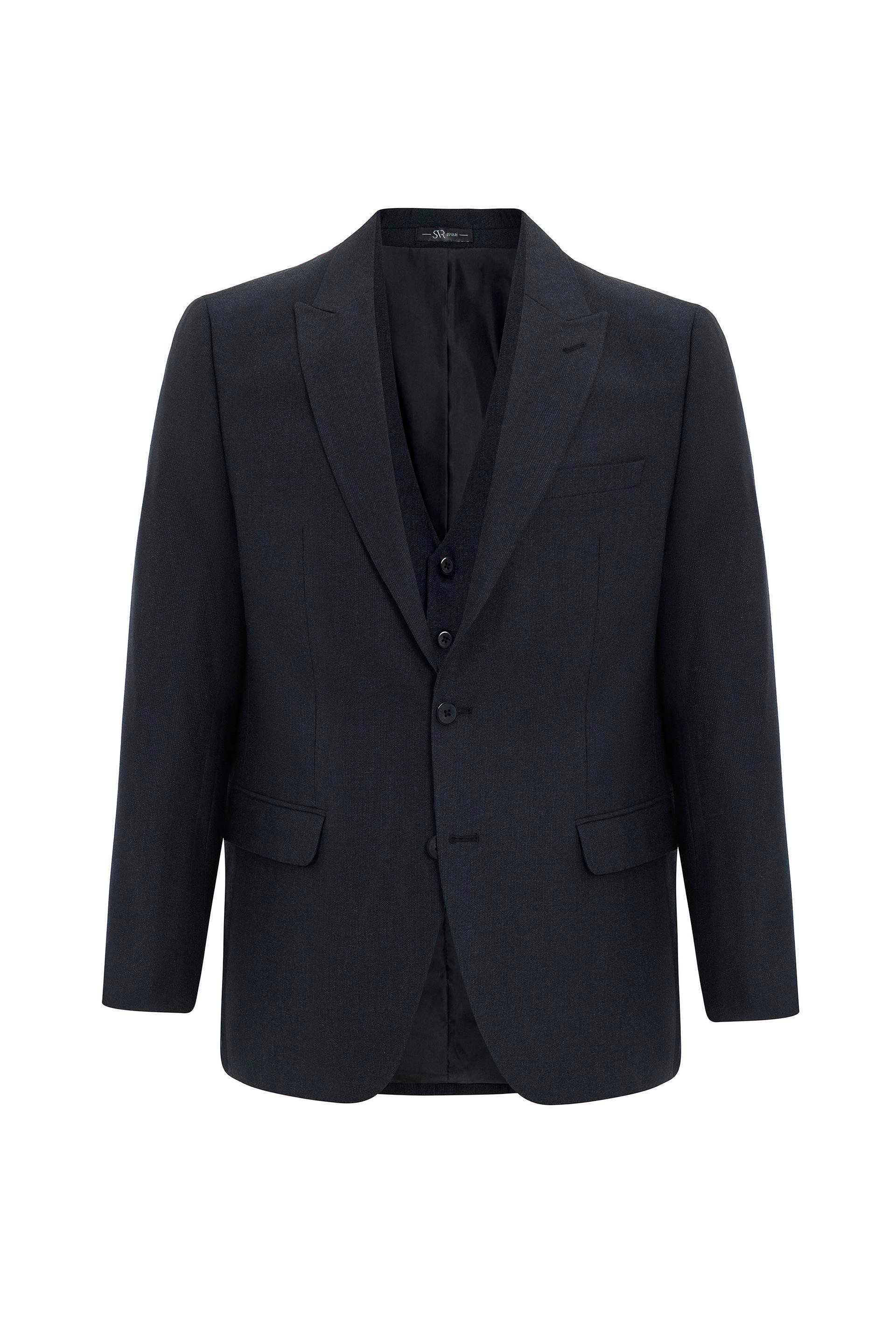 Siyah Regular Armürlü Sivri Yaka 4 Drop Yelekli Klasik Takım Elbise