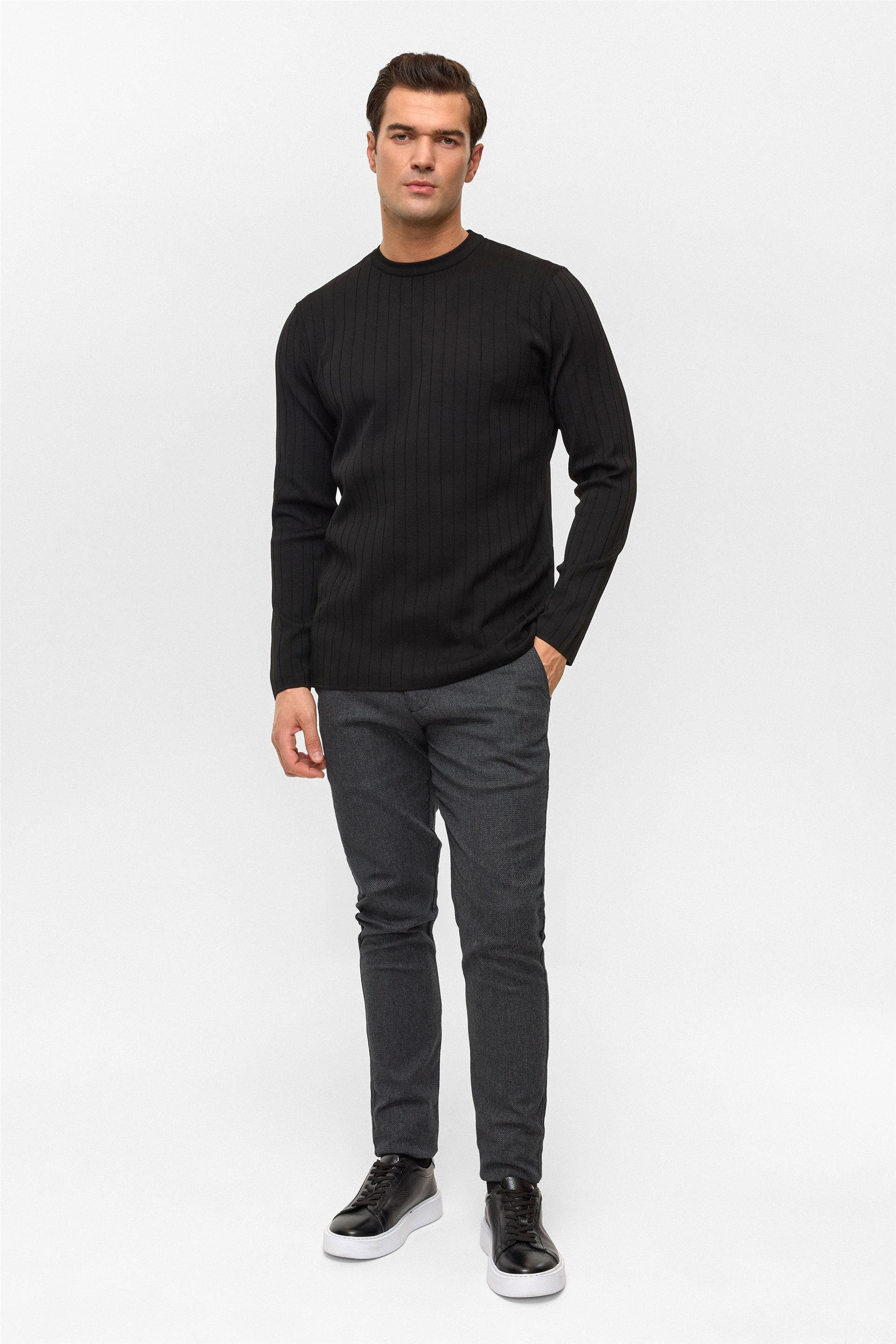 Siyah Regular Desenli Bisiklet Yaka Triko Kazak