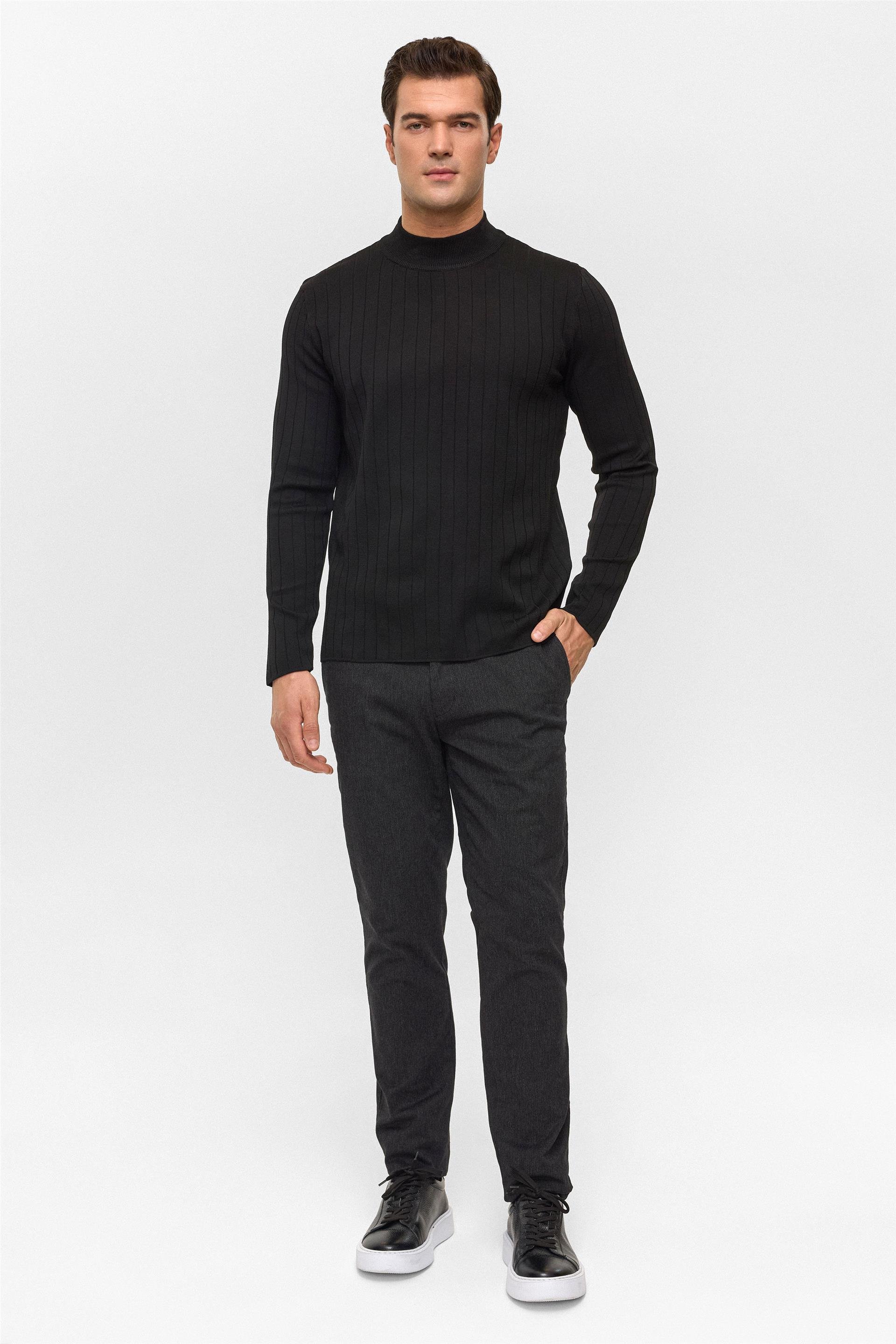 Siyah Regular Desenli Bisiklet Yaka Triko Kazak