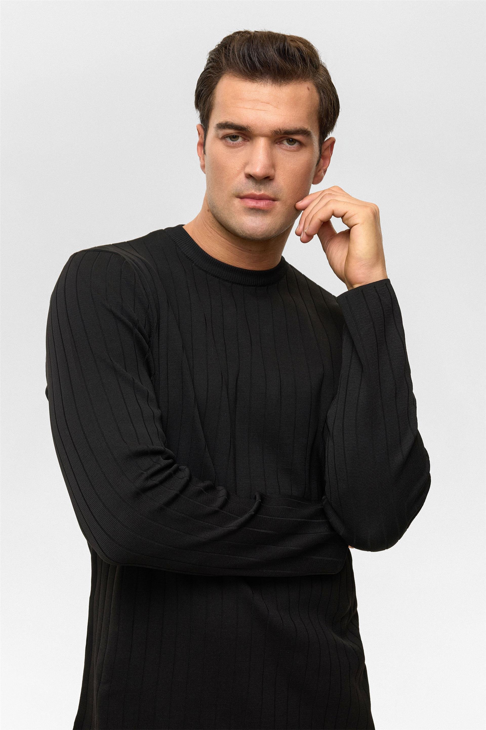 Siyah Regular Desenli Bisiklet Yaka Triko Kazak