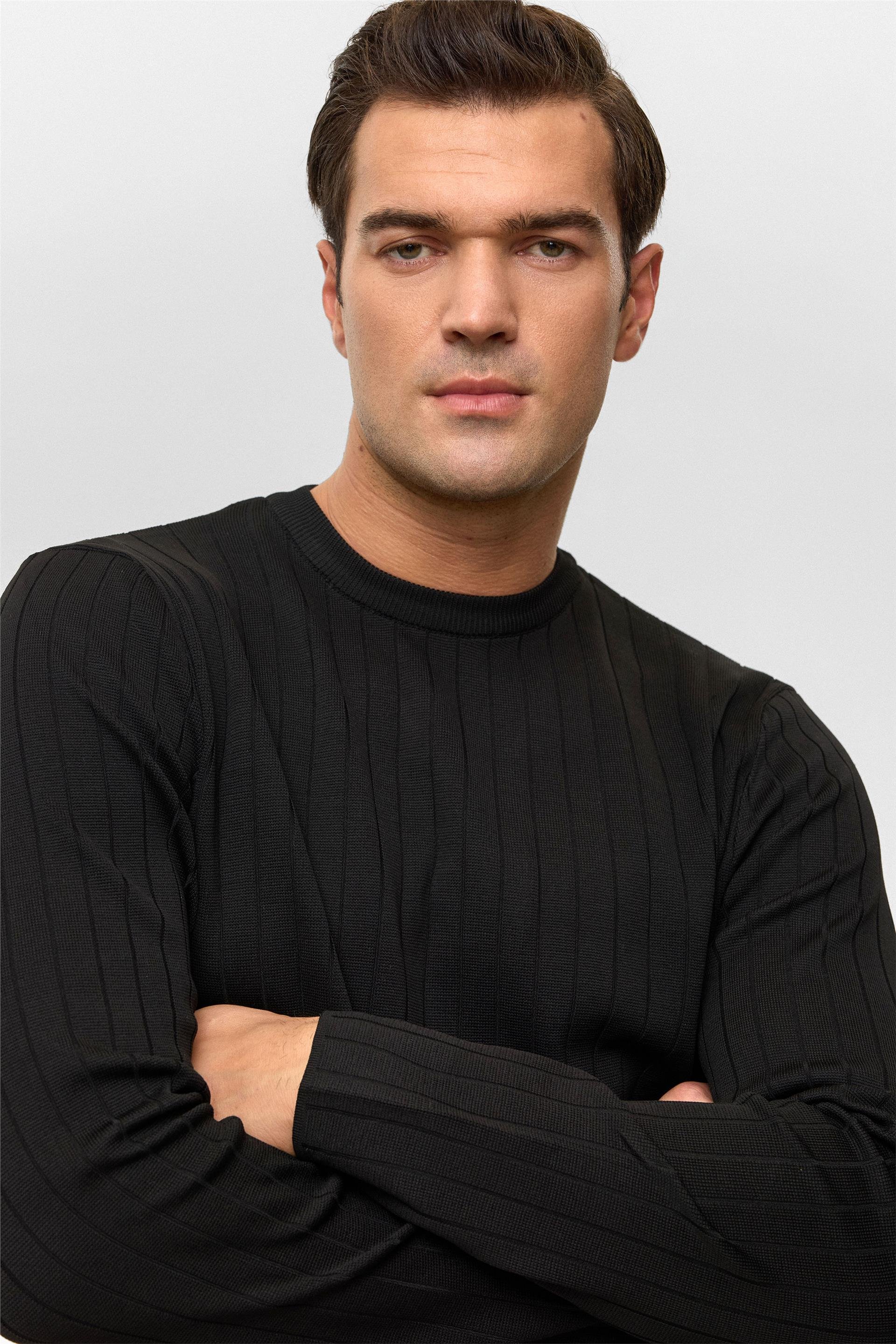 Siyah Regular Desenli Bisiklet Yaka Triko Kazak