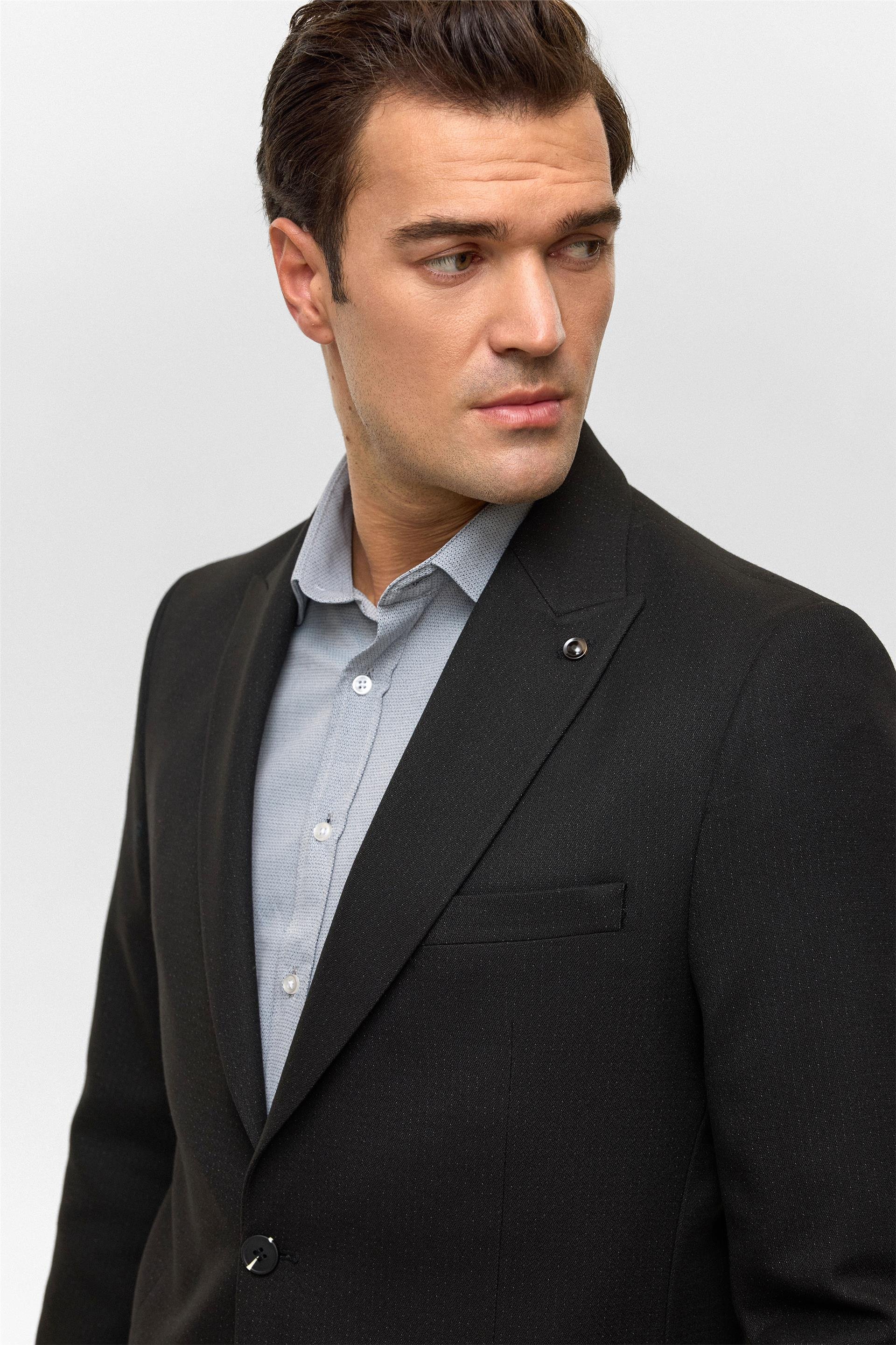 Siyah Regular Desenli Mono Yaka 6 Drop Ceket