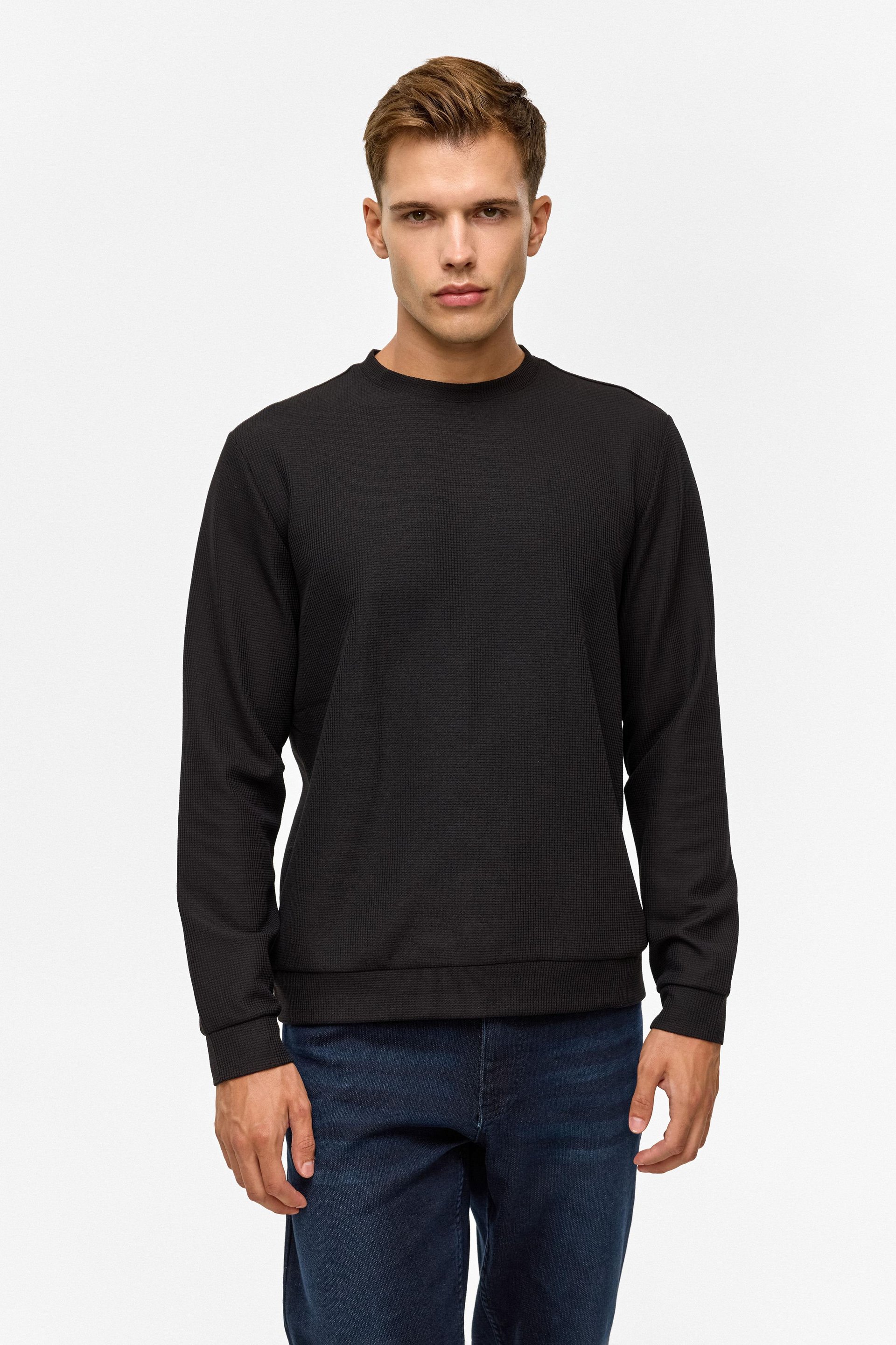 Siyah Regular Düz Bisiklet Yaka Sweatshirt