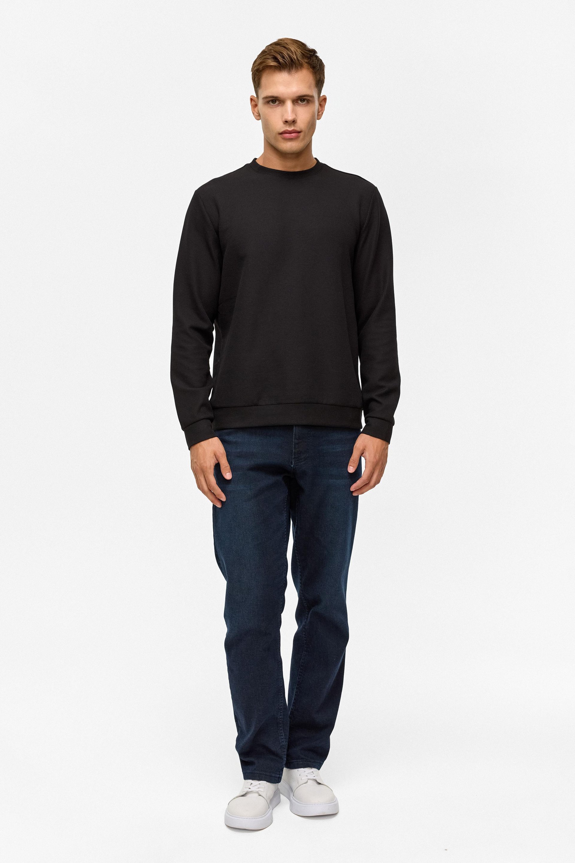 Siyah Regular Düz Bisiklet Yaka Sweatshirt
