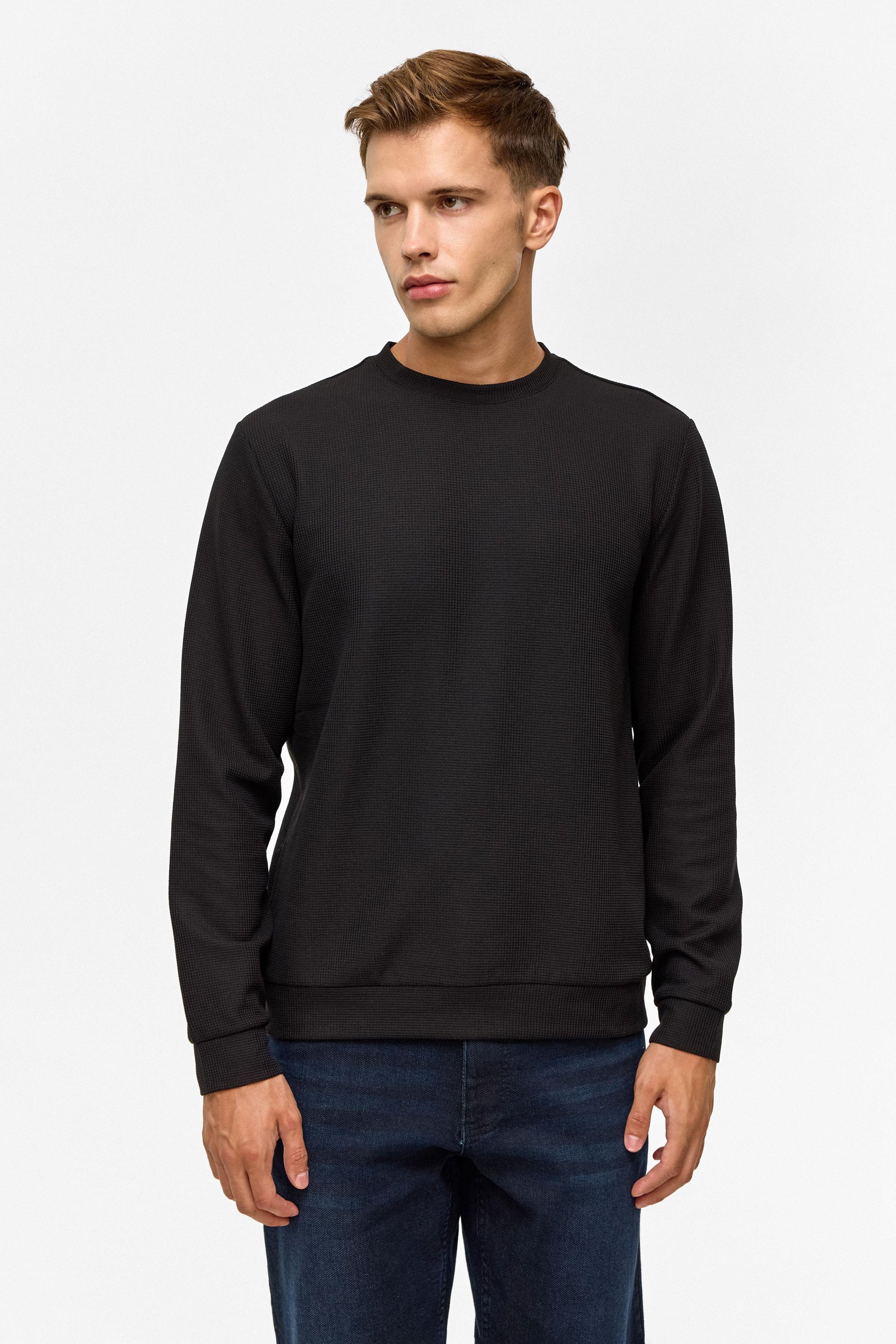 Siyah Regular Düz Bisiklet Yaka Sweatshirt