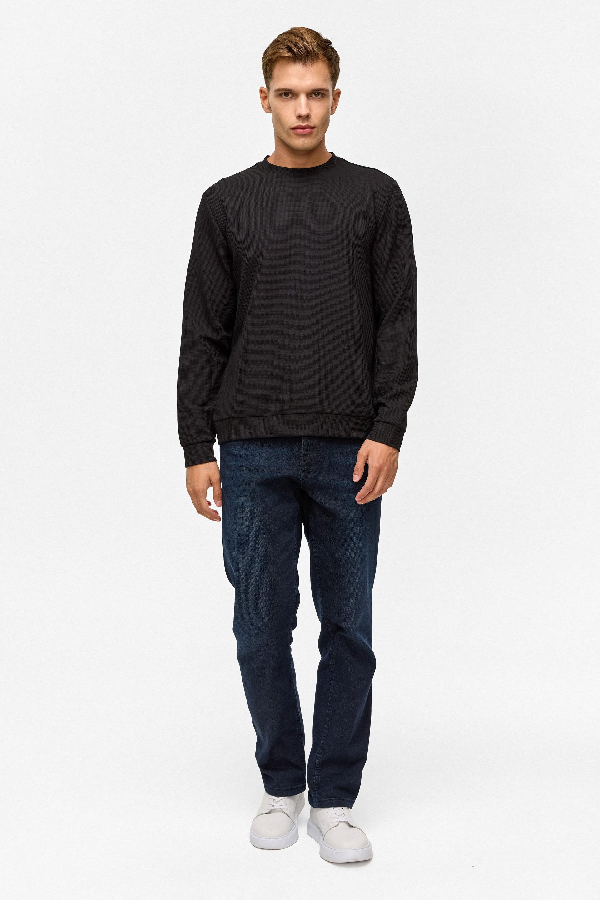 Siyah Regular Düz Bisiklet Yaka Sweatshirt