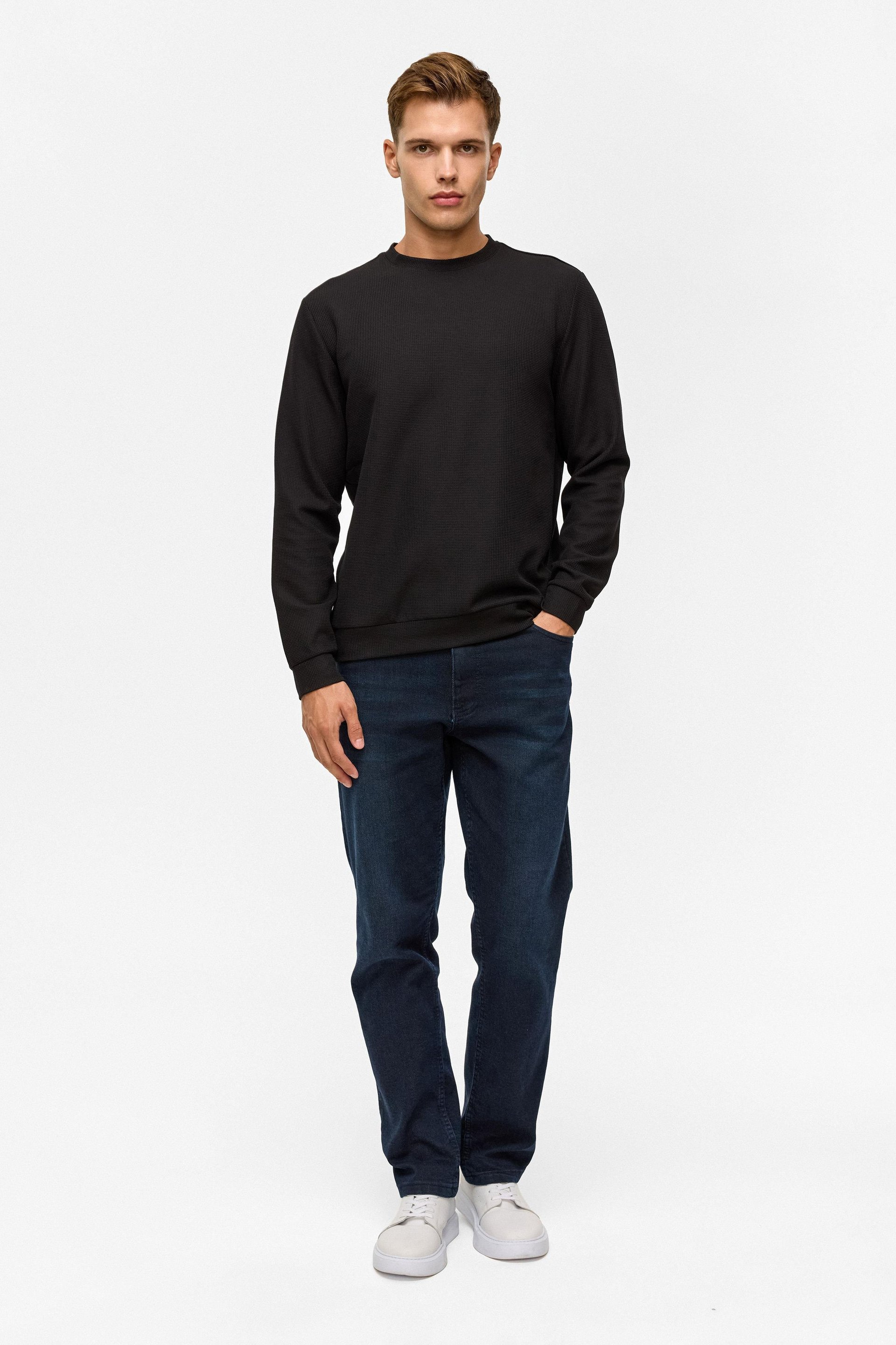 Siyah Regular Düz Bisiklet Yaka Sweatshirt