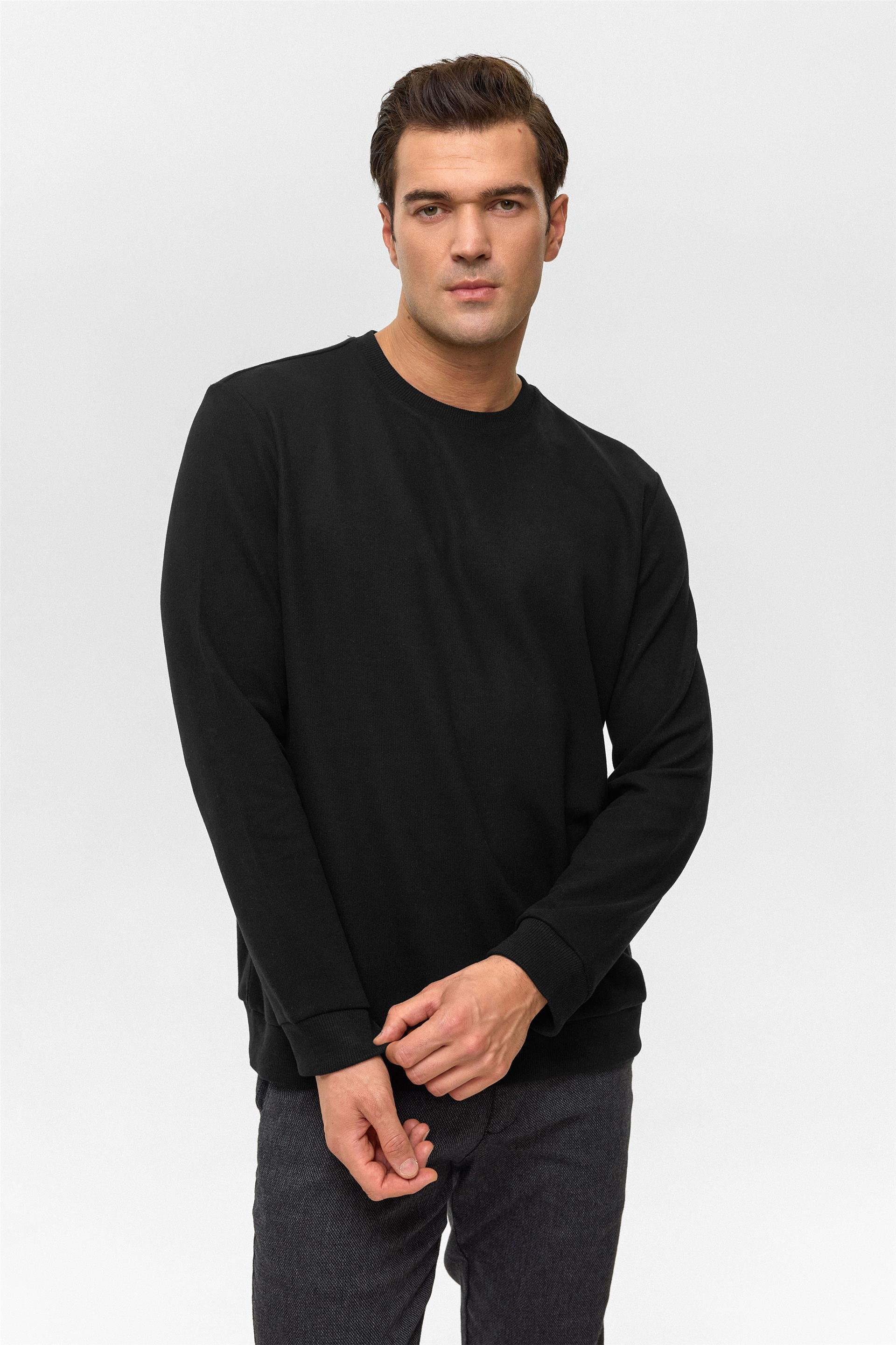 Siyah Regular Düz Bisiklet Yaka Sweatshirt