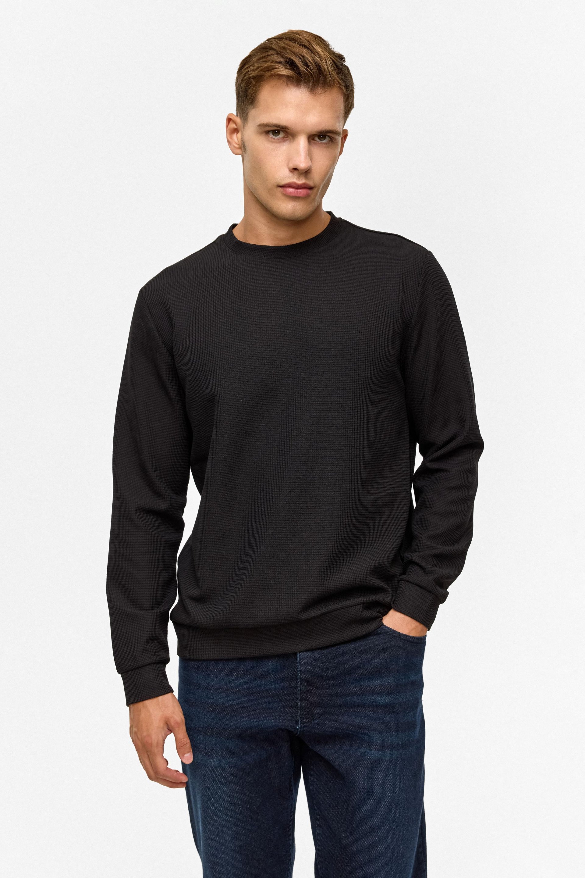 Siyah Regular Düz Bisiklet Yaka Sweatshirt