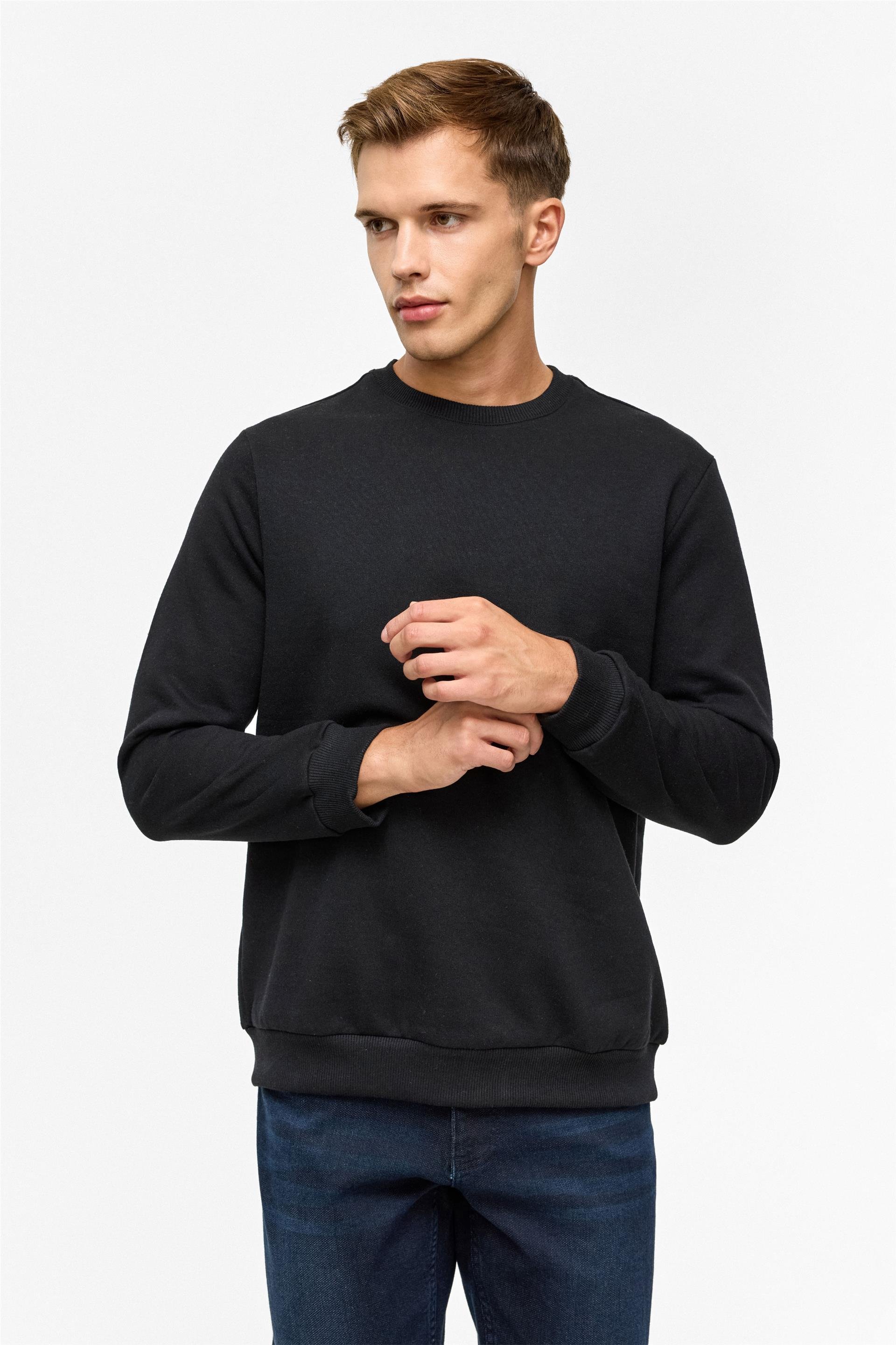 Siyah Regular Düz Bisiklet Yaka Sweatshirt